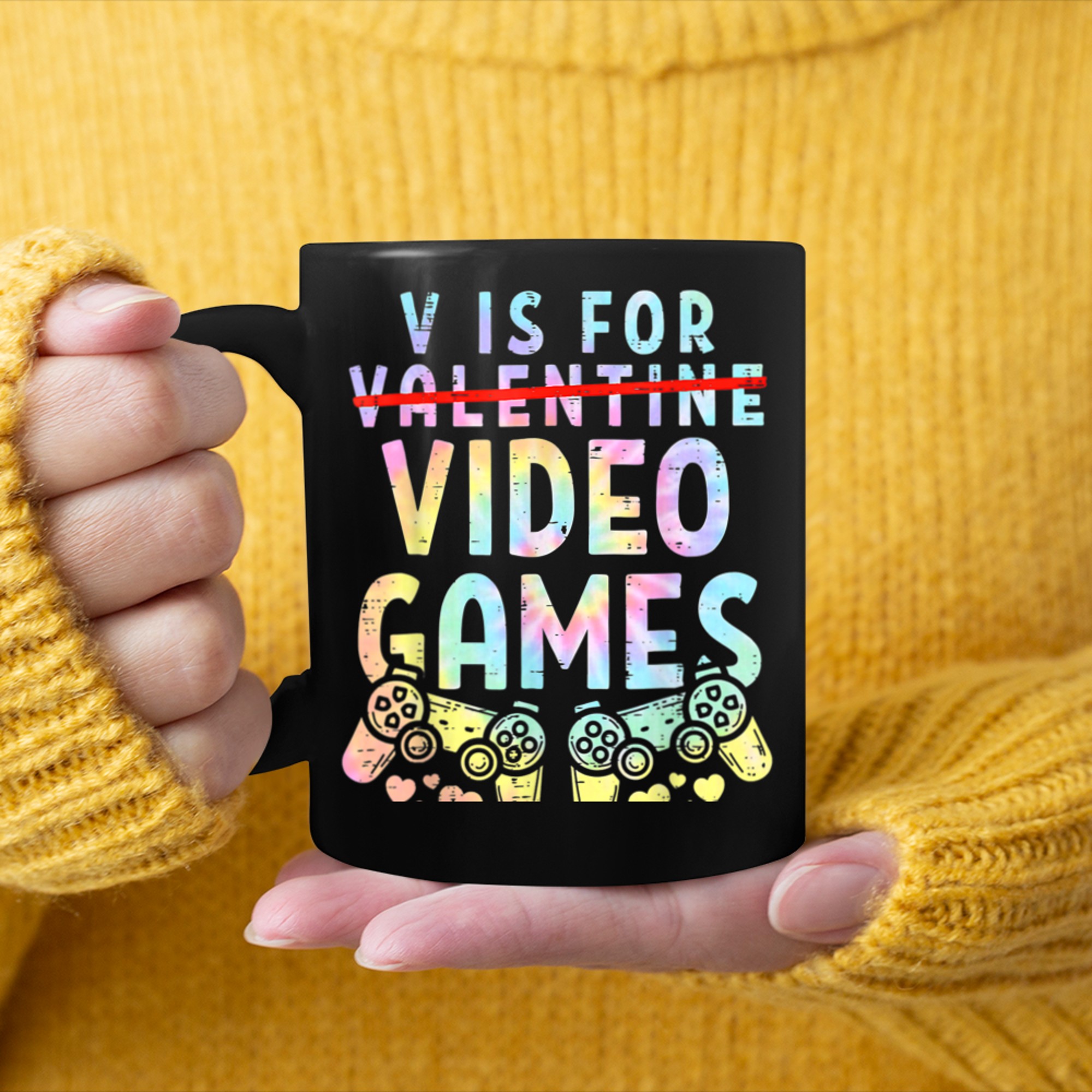 Tie Dye V Is For Video Games Funny Valentines Day Gamer Boy mug black