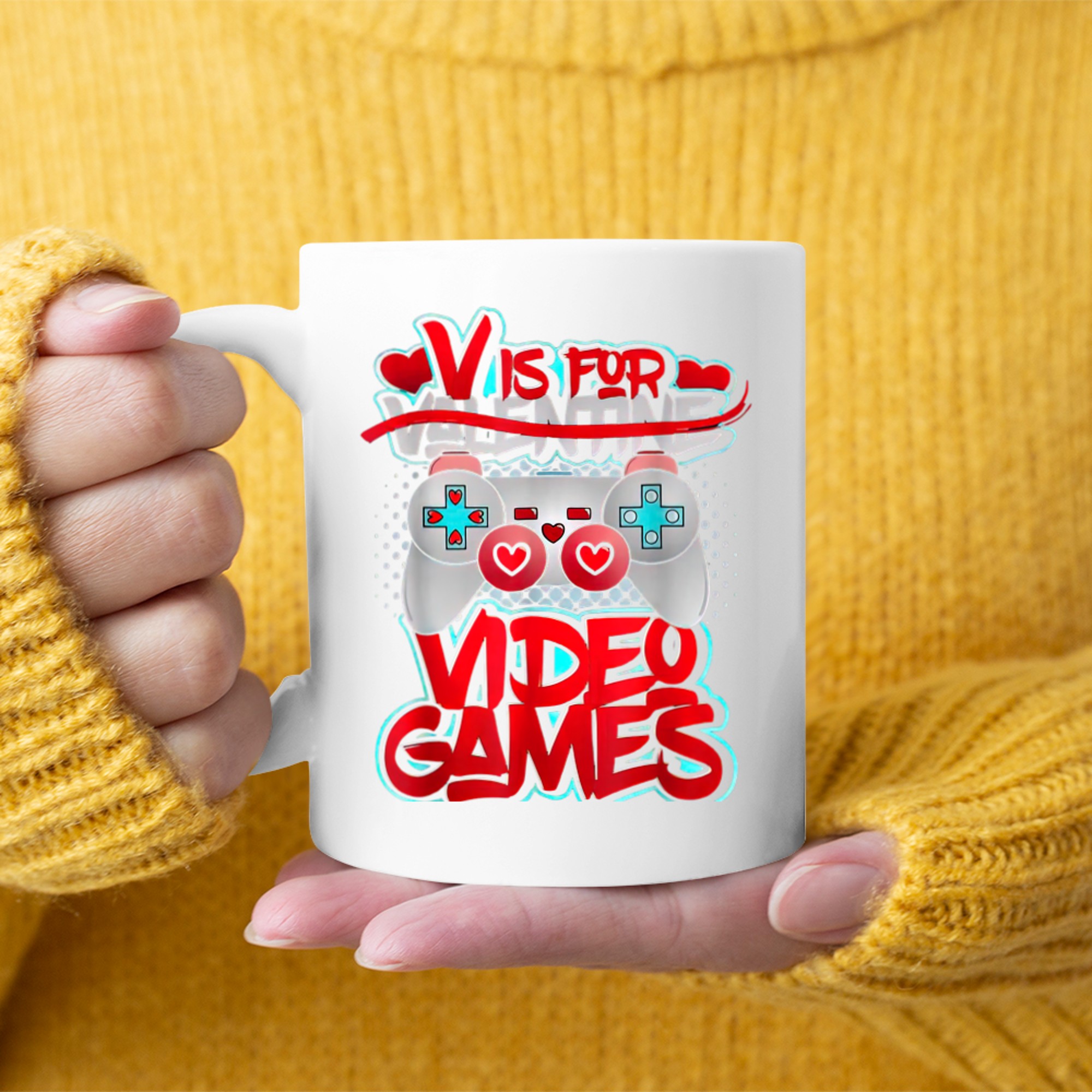 Unisex Funny V is for video games Single Gamer Valentine mug white