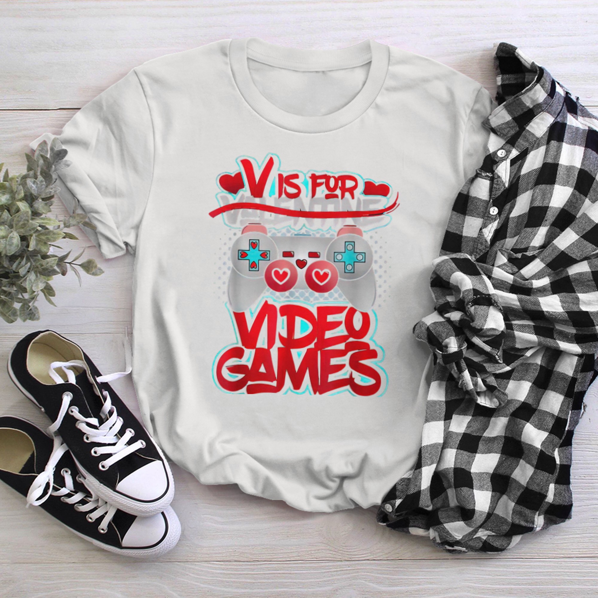 Unisex Funny V is for video games Single Gamer Valentine t-shirt white