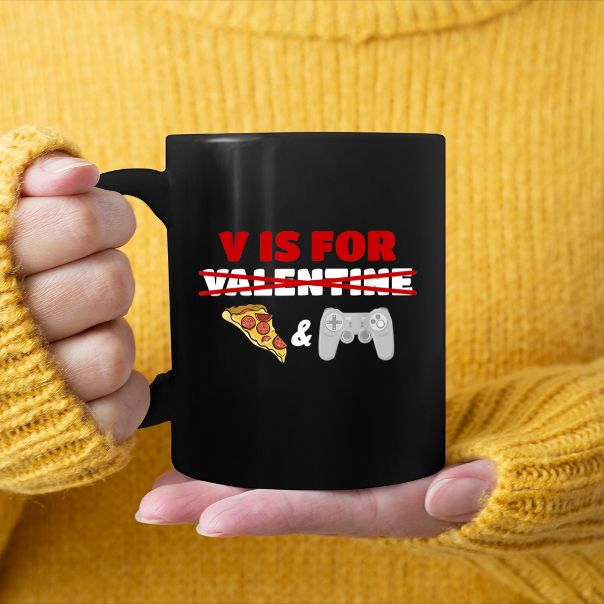 V Day Is for Pizza & Video Game Lovers mug black