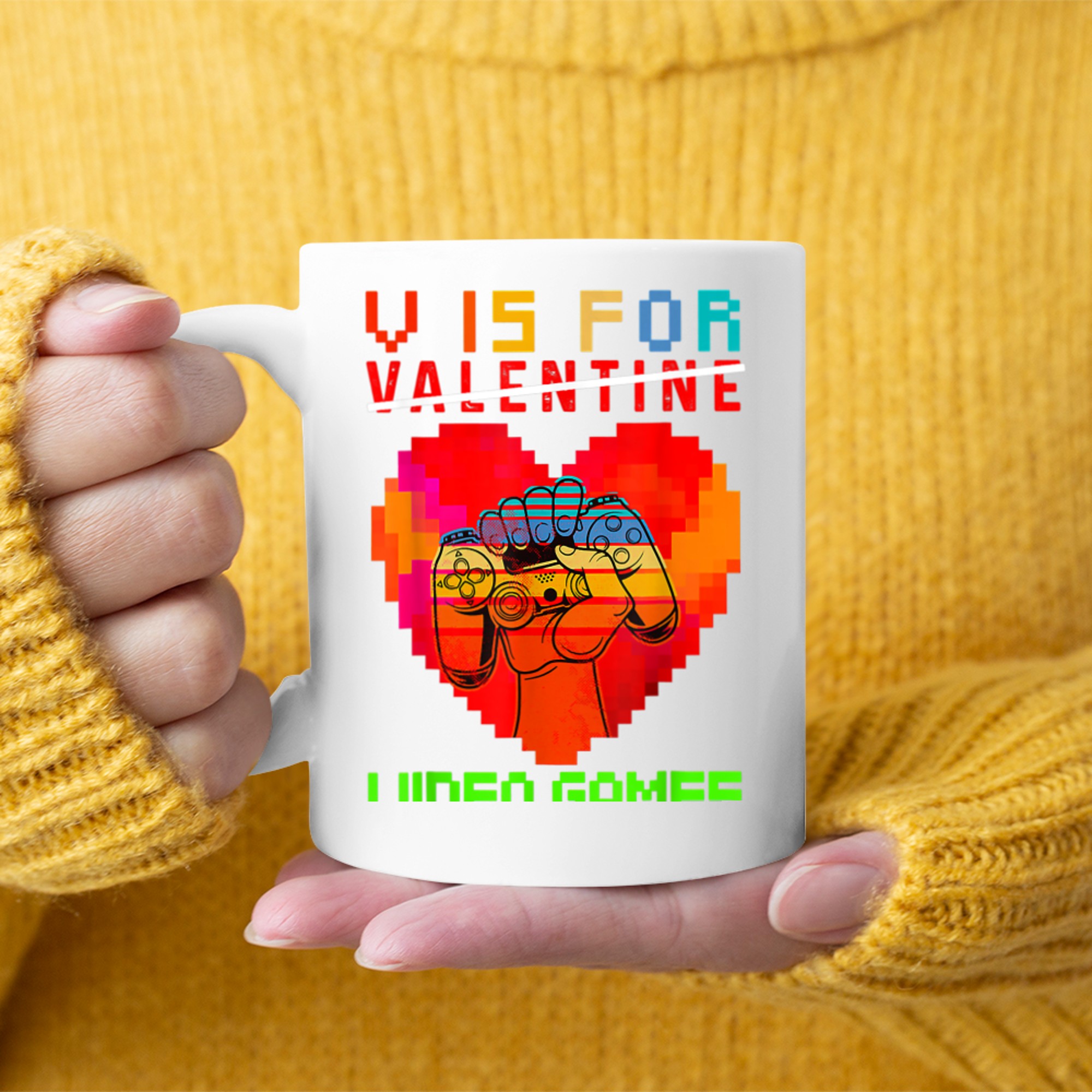 V is for my Video Games Valentine's Day Funny Gamers mug white