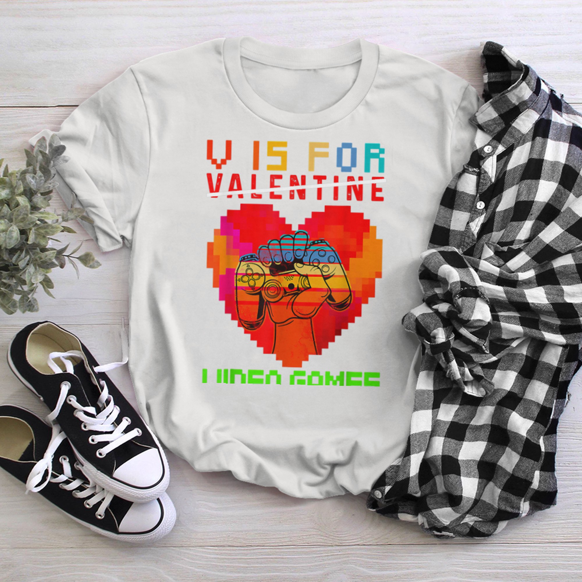 V is for my Video Games Valentine's Day Funny Gamers t-shirt white