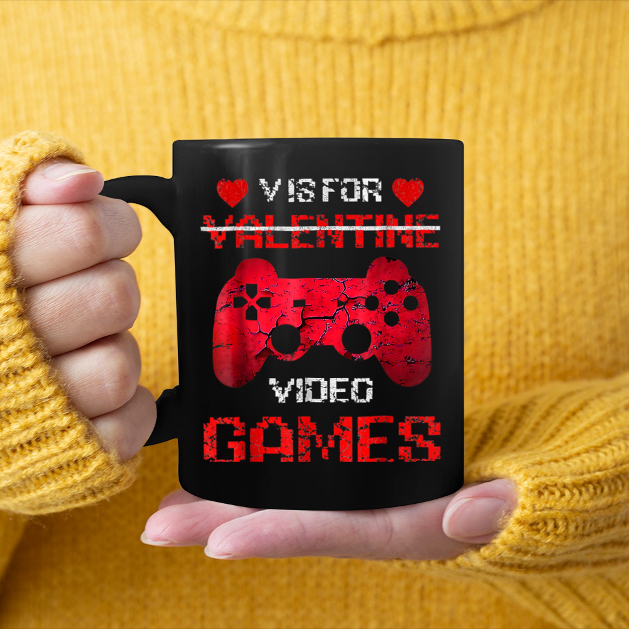 V Is For Valentine Video Games Retro Controller Funny Gamer mug black