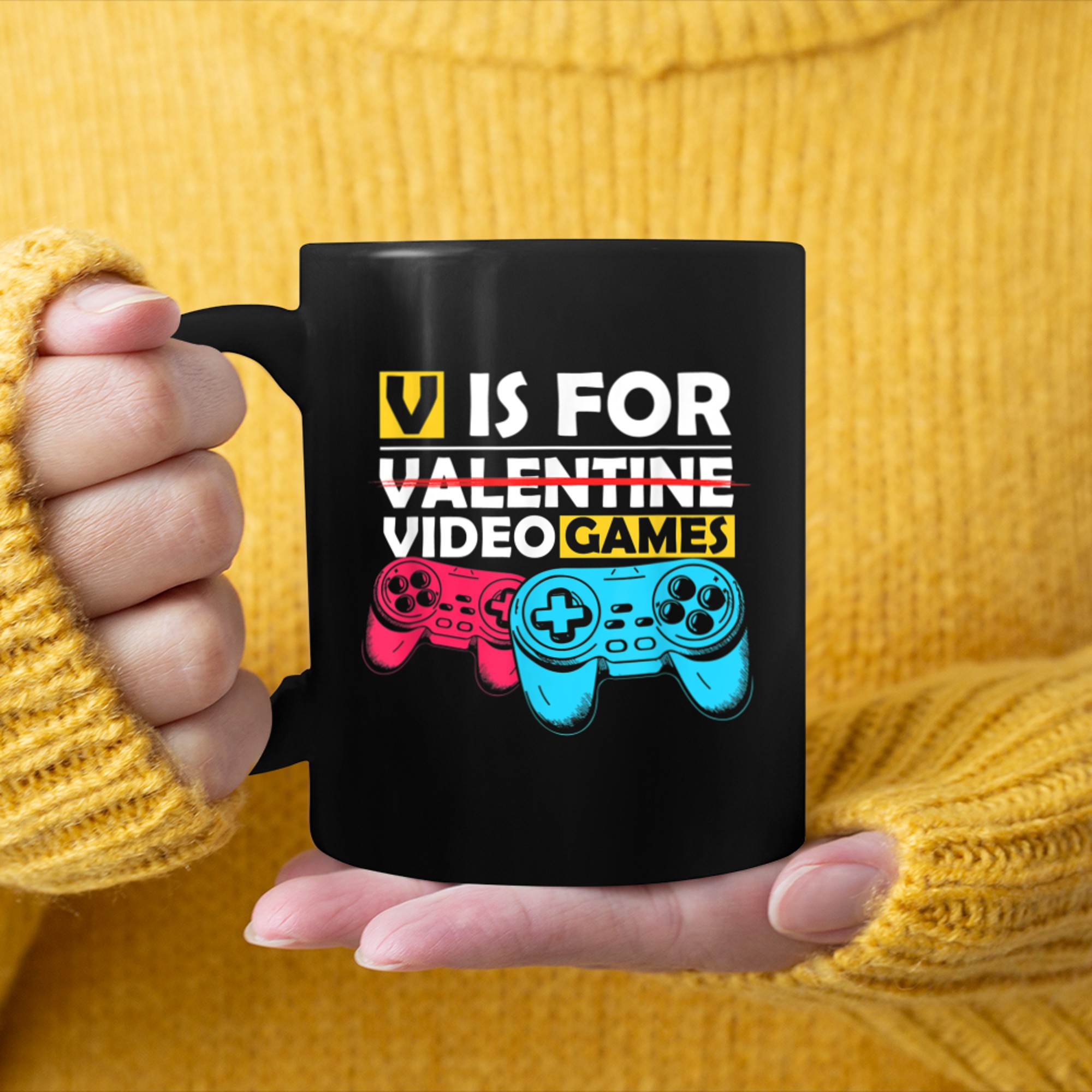 V Is For Video Games - Funny Valentine's Day mug black