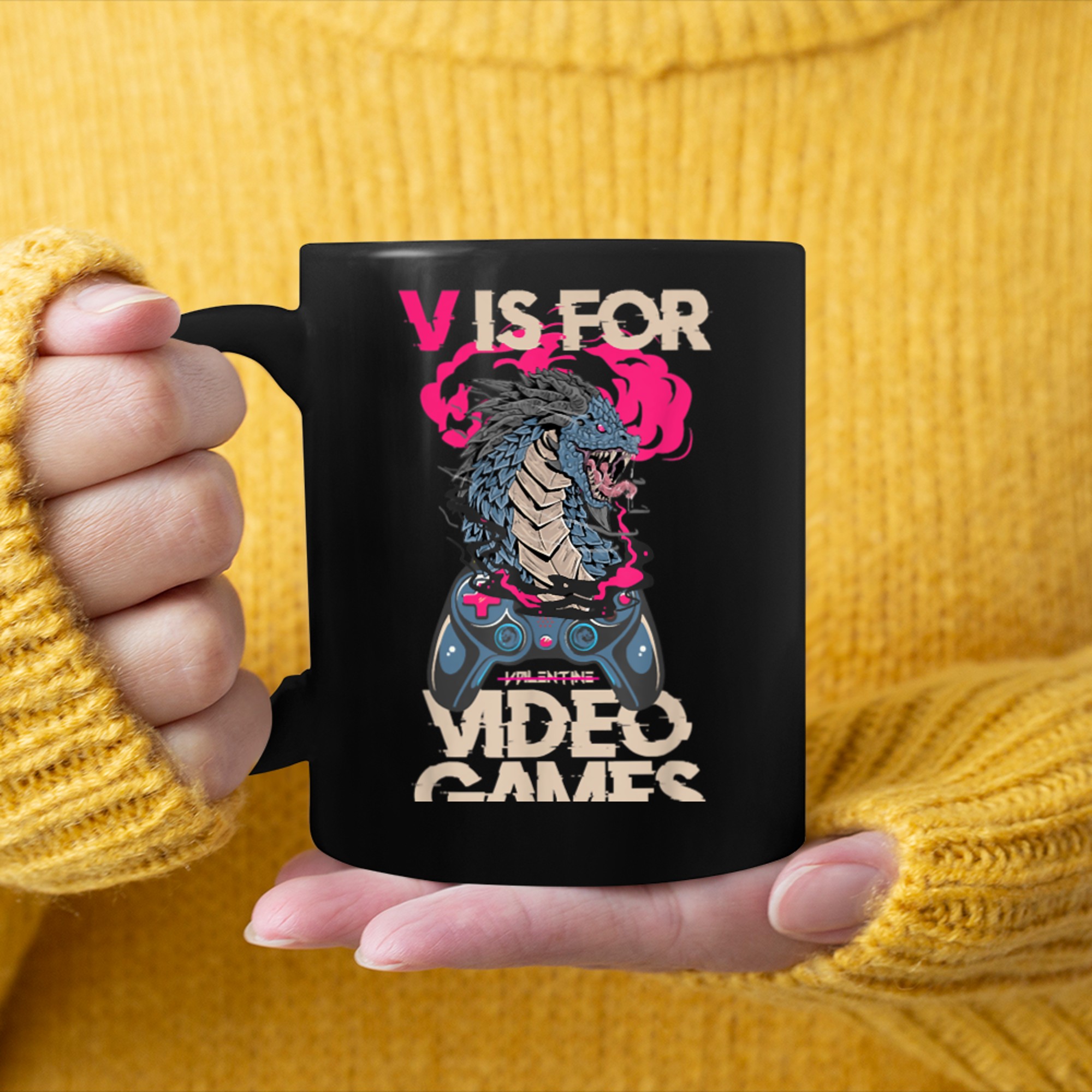 V is for Video Games anti Valentines Day T-rex Costume mug black