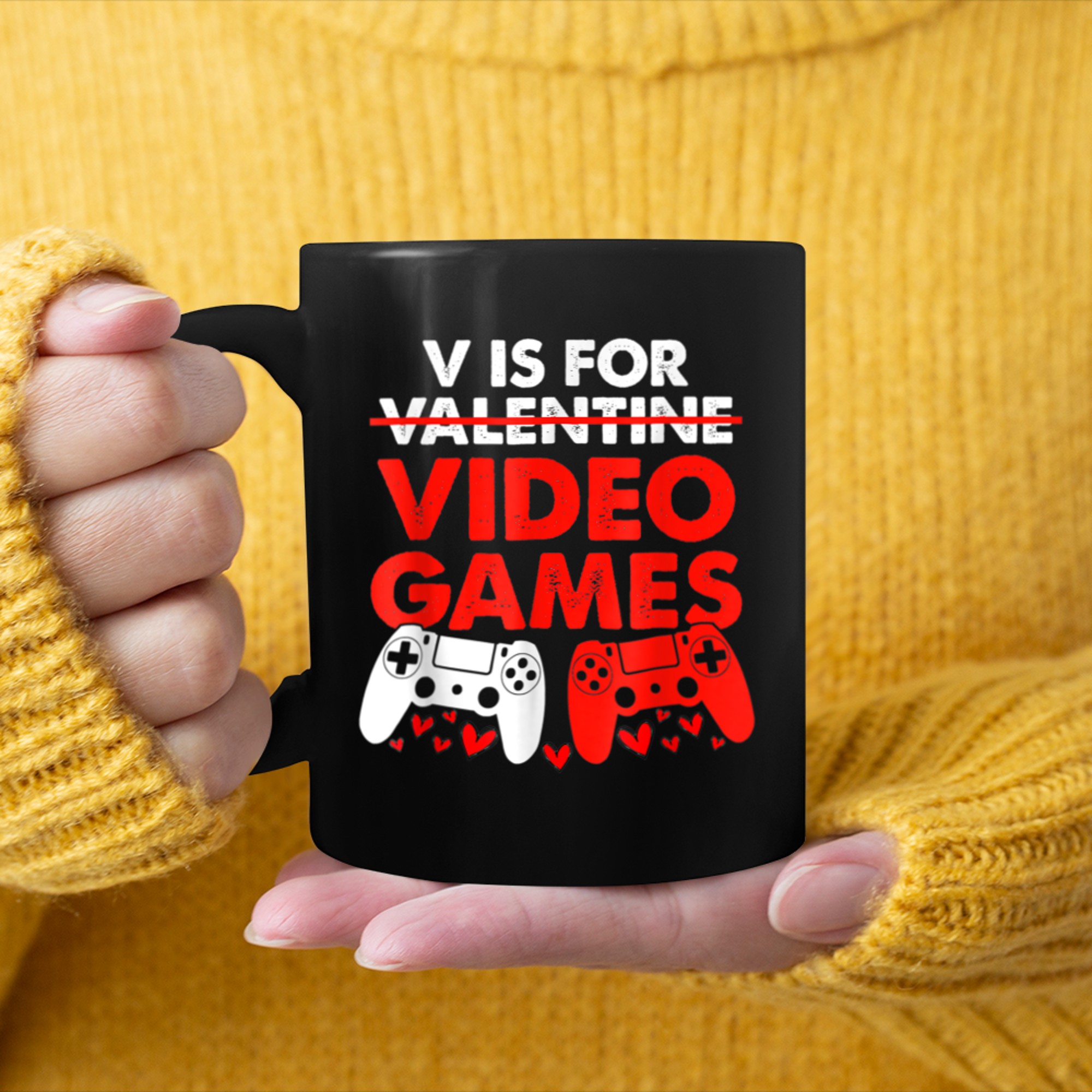 V Is For Video Games Boy Men Funny Valentines Day mug black