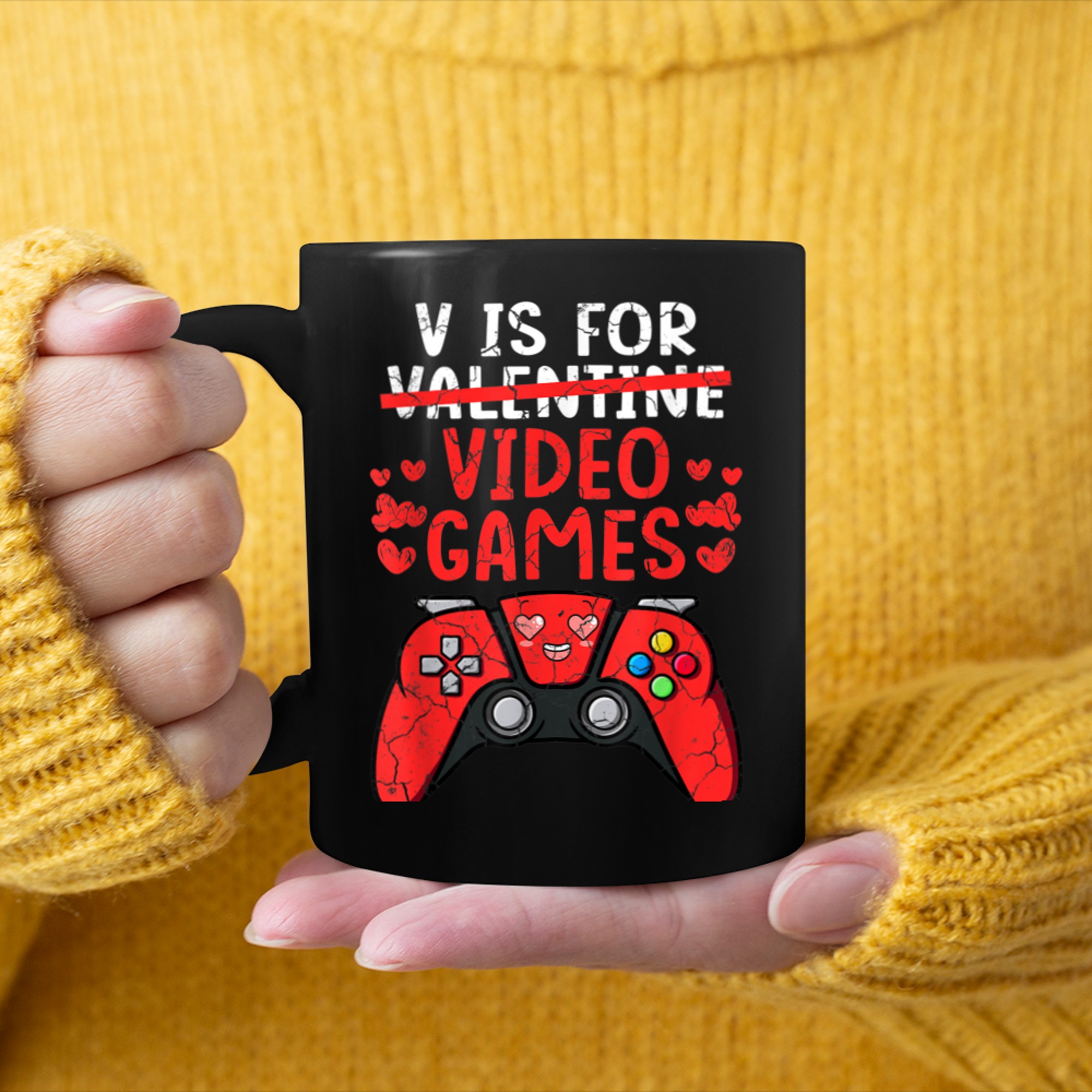 V Is For Video Games Controller Funny Valentines Day Gamer mug black