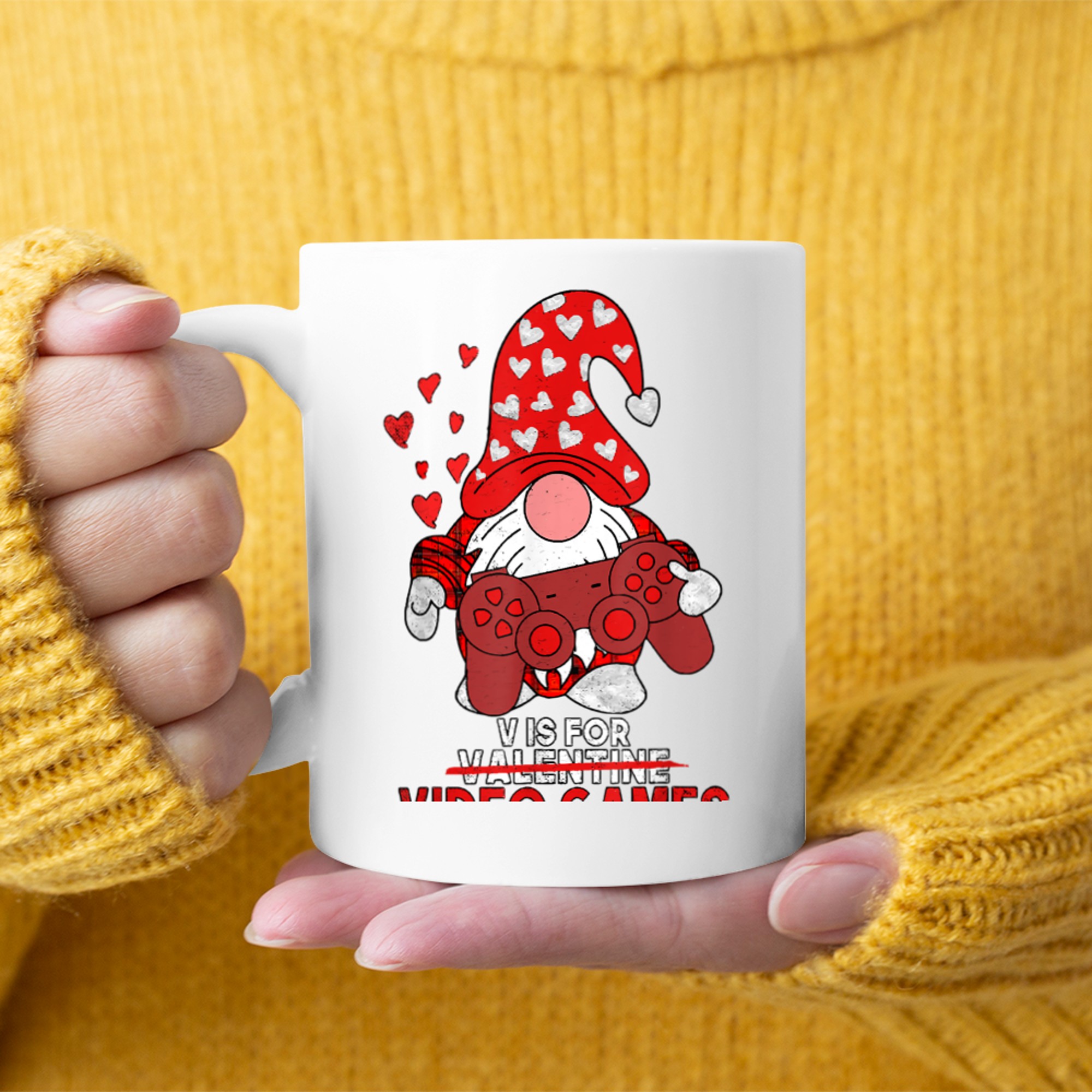 V Is For Video Games Cute Gnome Valentines Day Gamer mug white