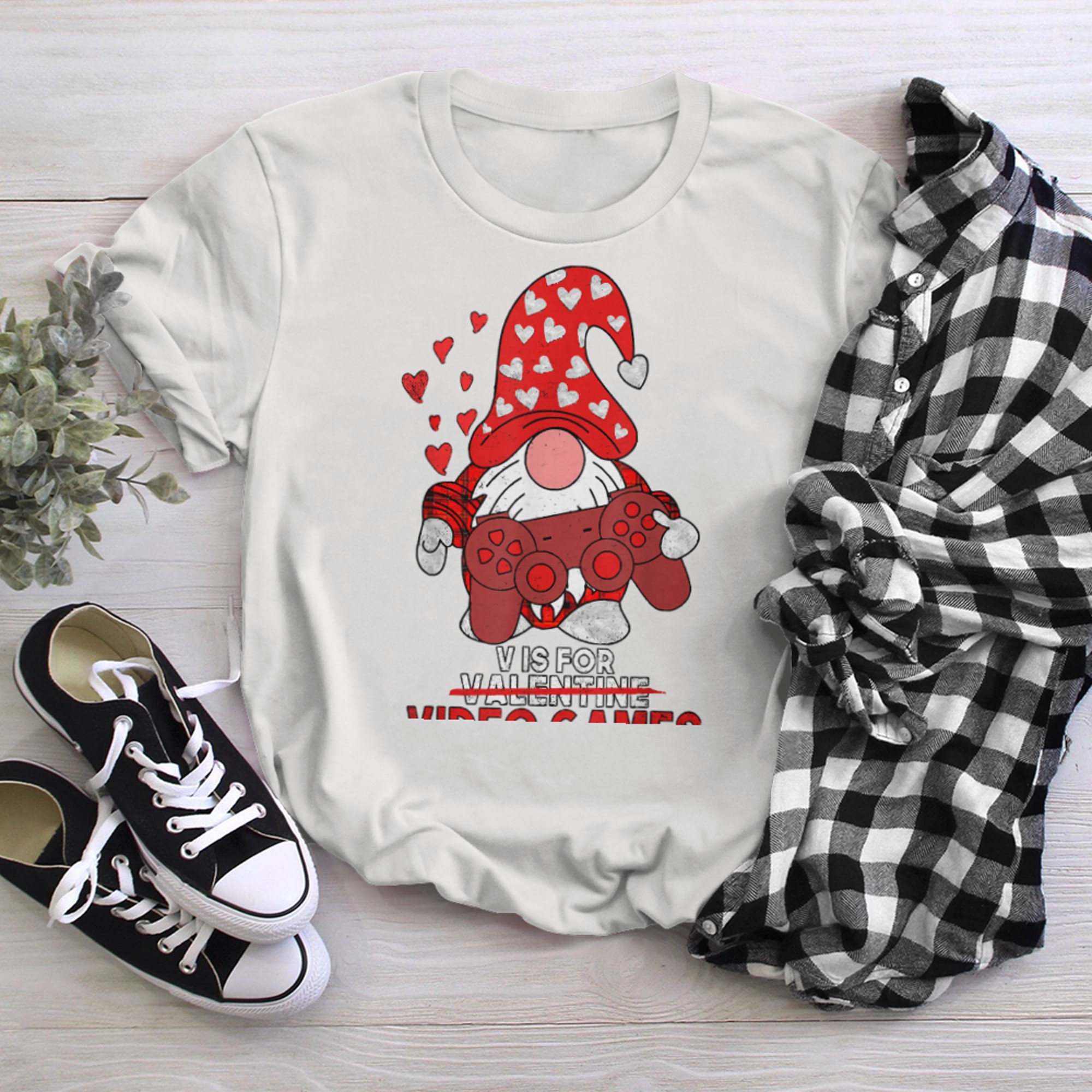 V Is For Video Games Cute Gnome Valentines Day Gamer t-shirt white