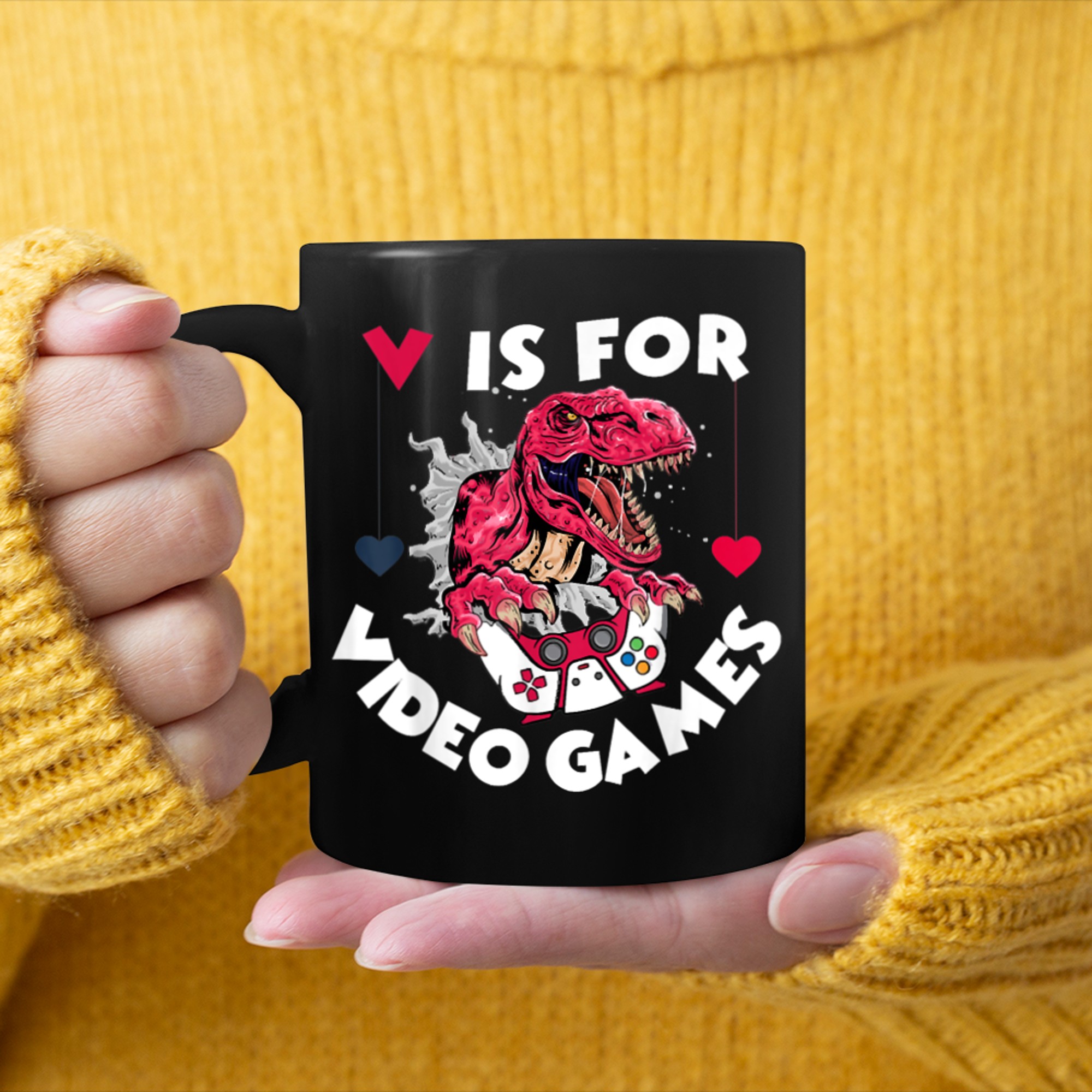 V Is For Video Games, Dinosaur T-Rex Video Games Valentine's mug black