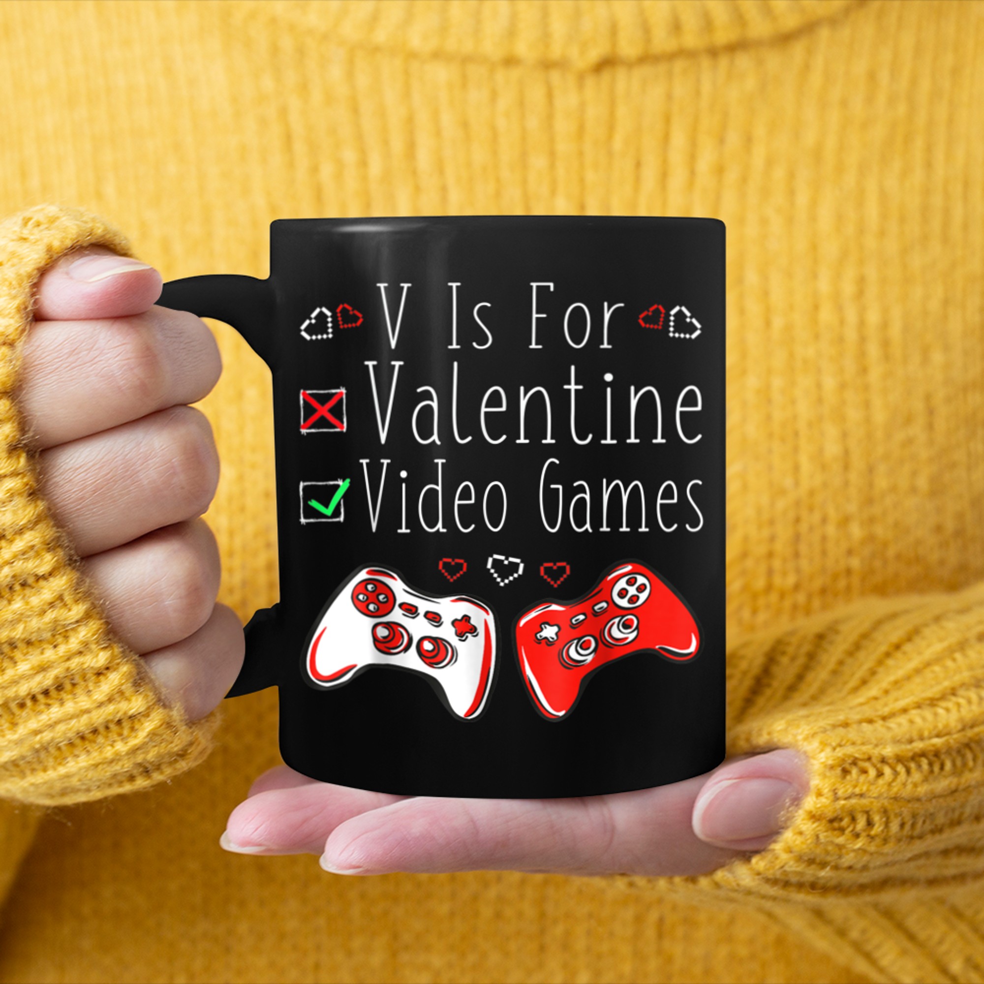 V Is For Video Games Funny Gamer Boy Men Valentines Day 2023 mug black