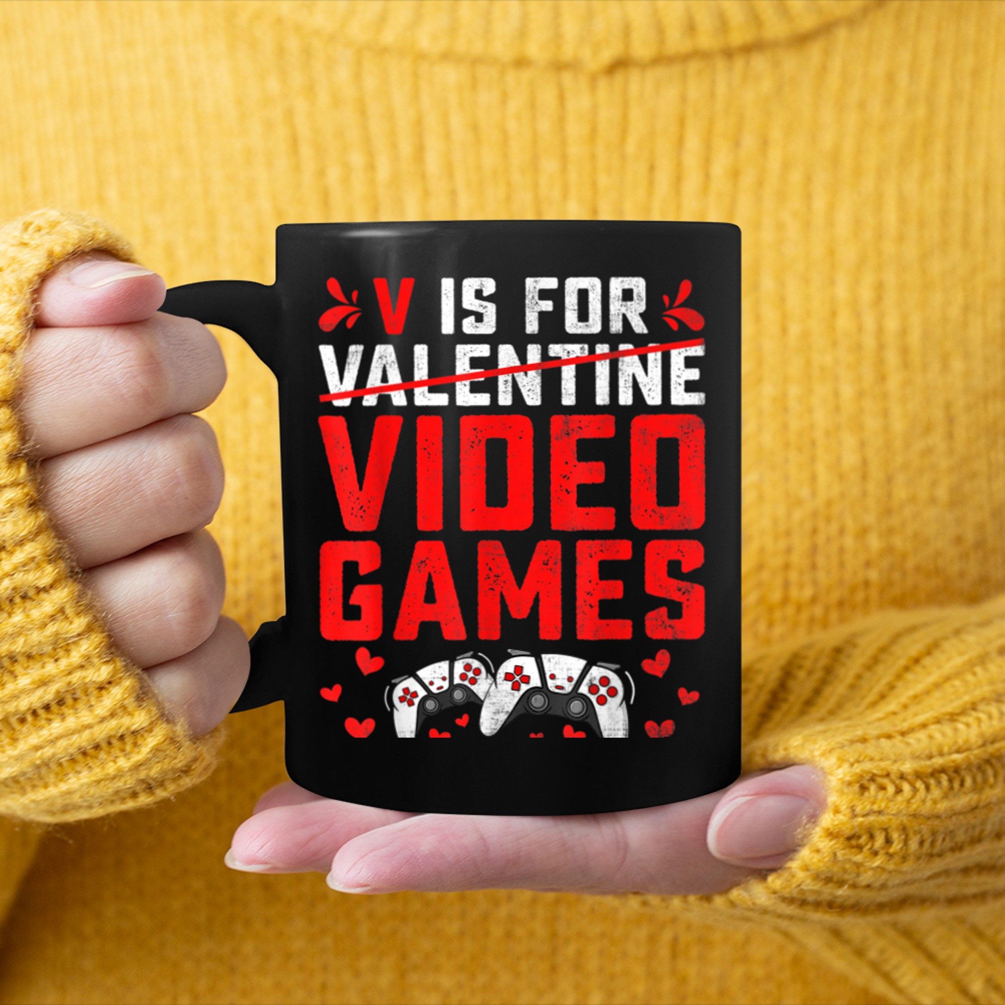 V Is For Video Games Funny Gamer Boy Men Valentines Day mug black