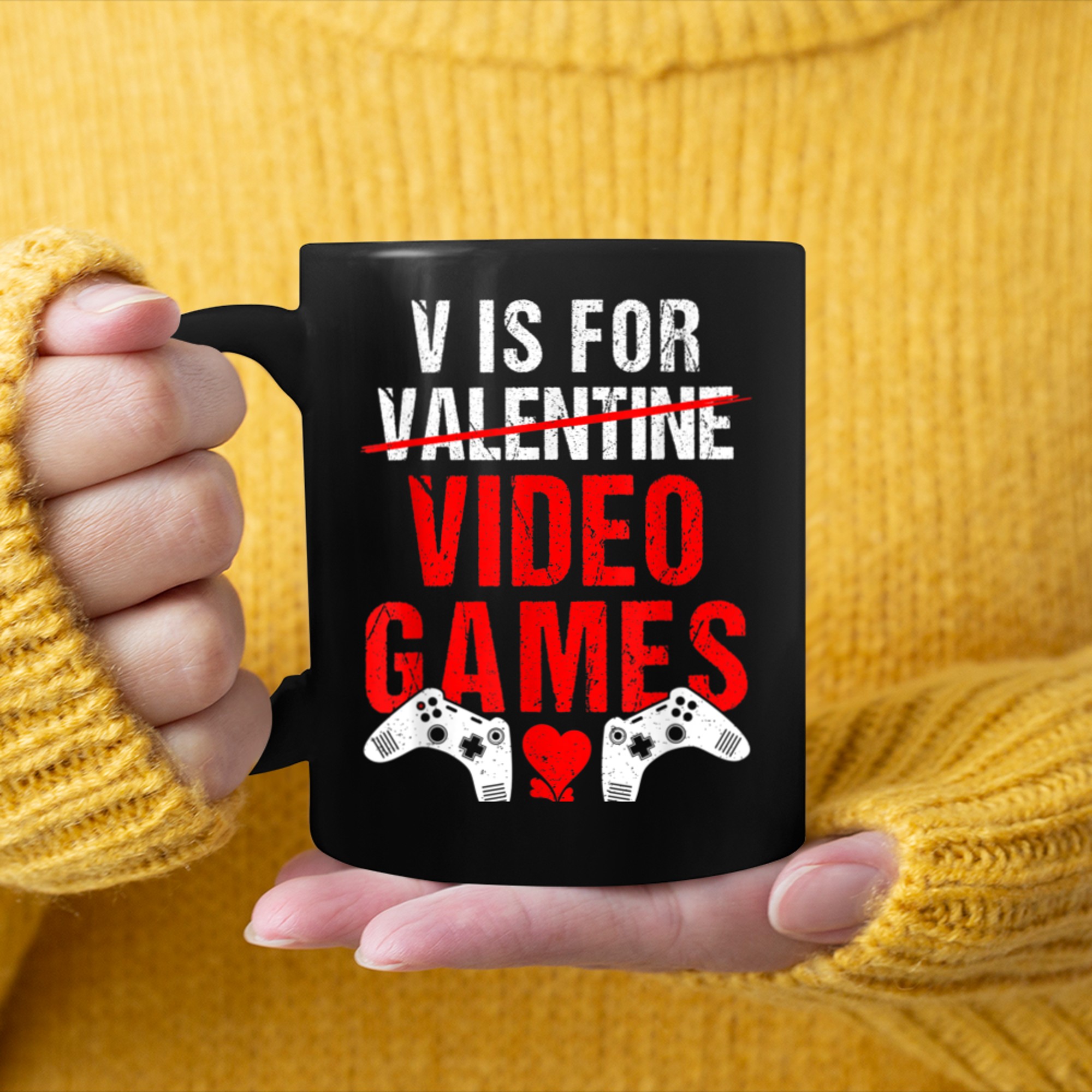 V Is For Video Games Funny Gamer Controller Valentines Day mug black