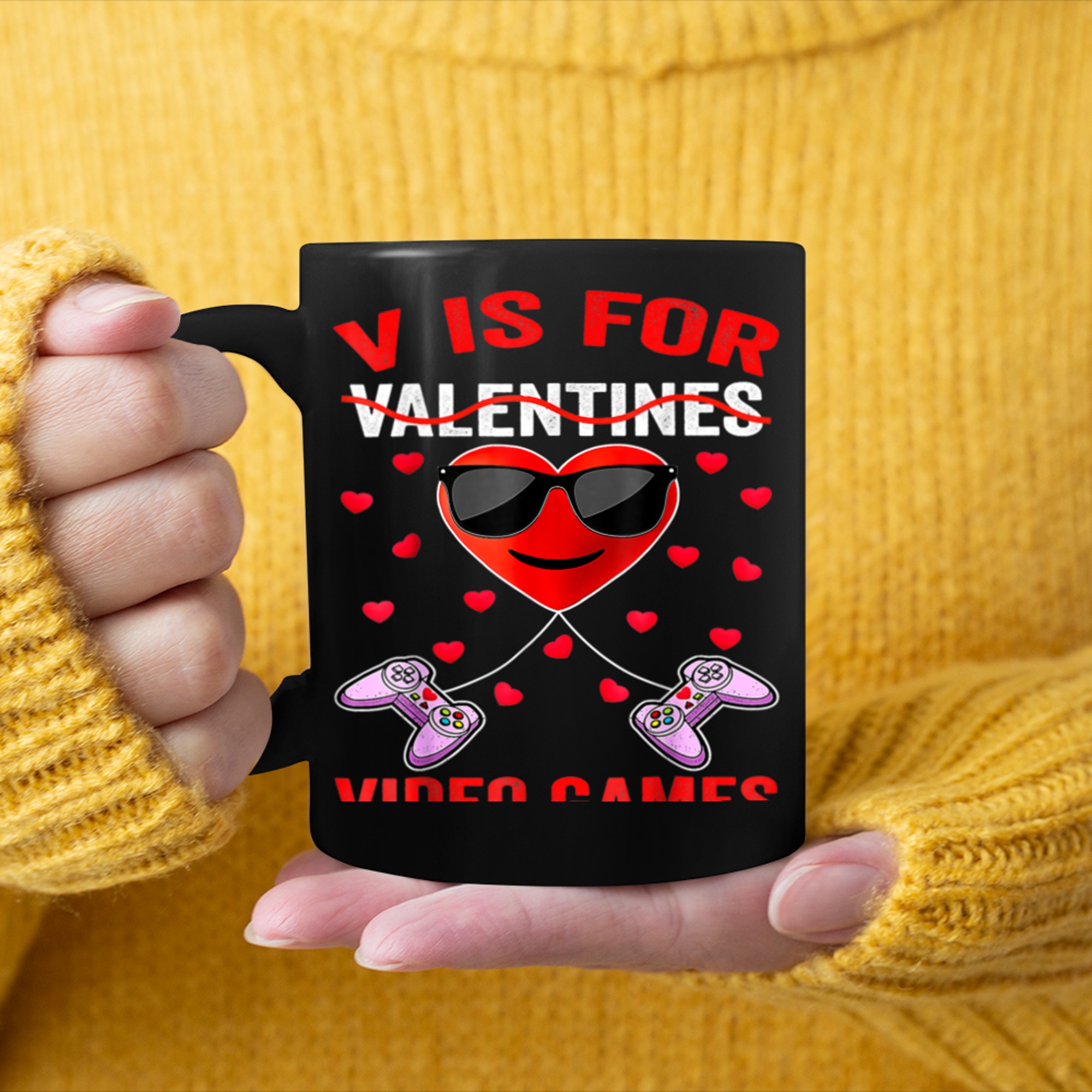 V Is For Video Games Funny Gamer Gaming Valentines Day mug black