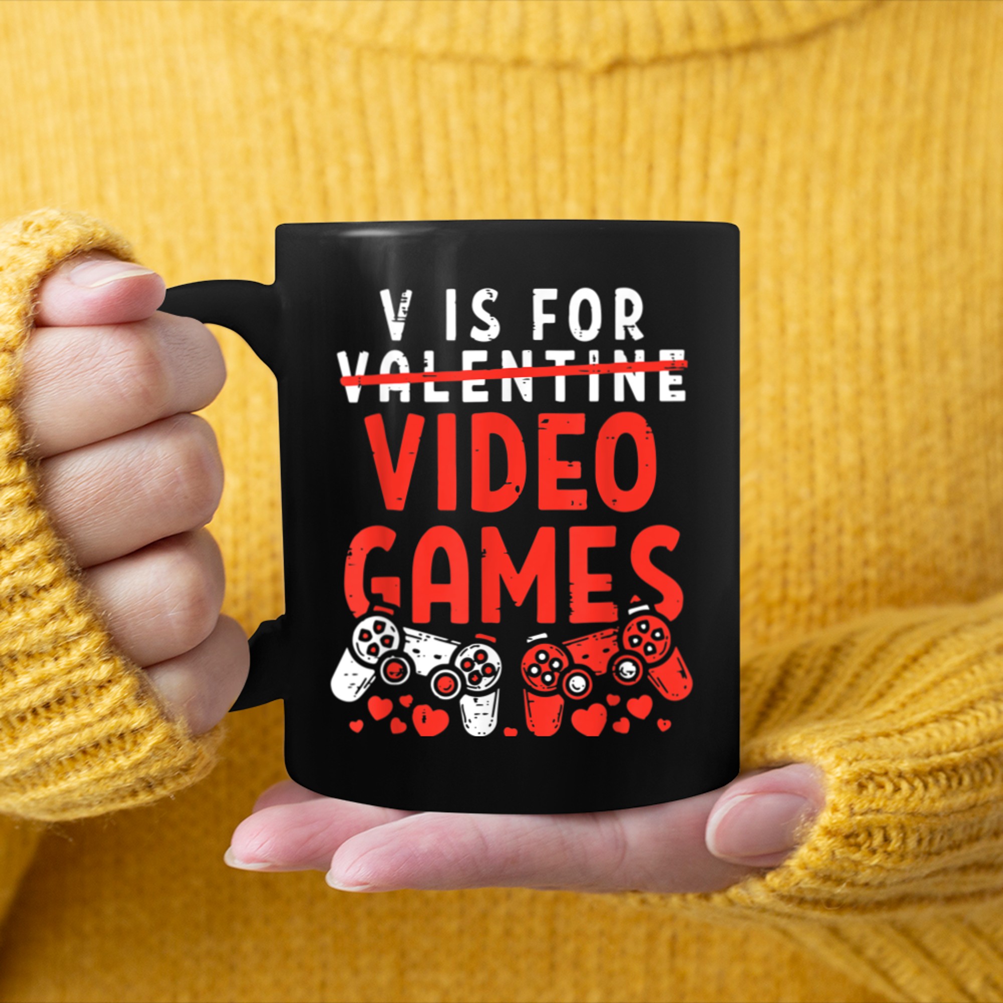 V Is For Video Games Funny Gamer Kids Boys Valentines Day (18) mug black