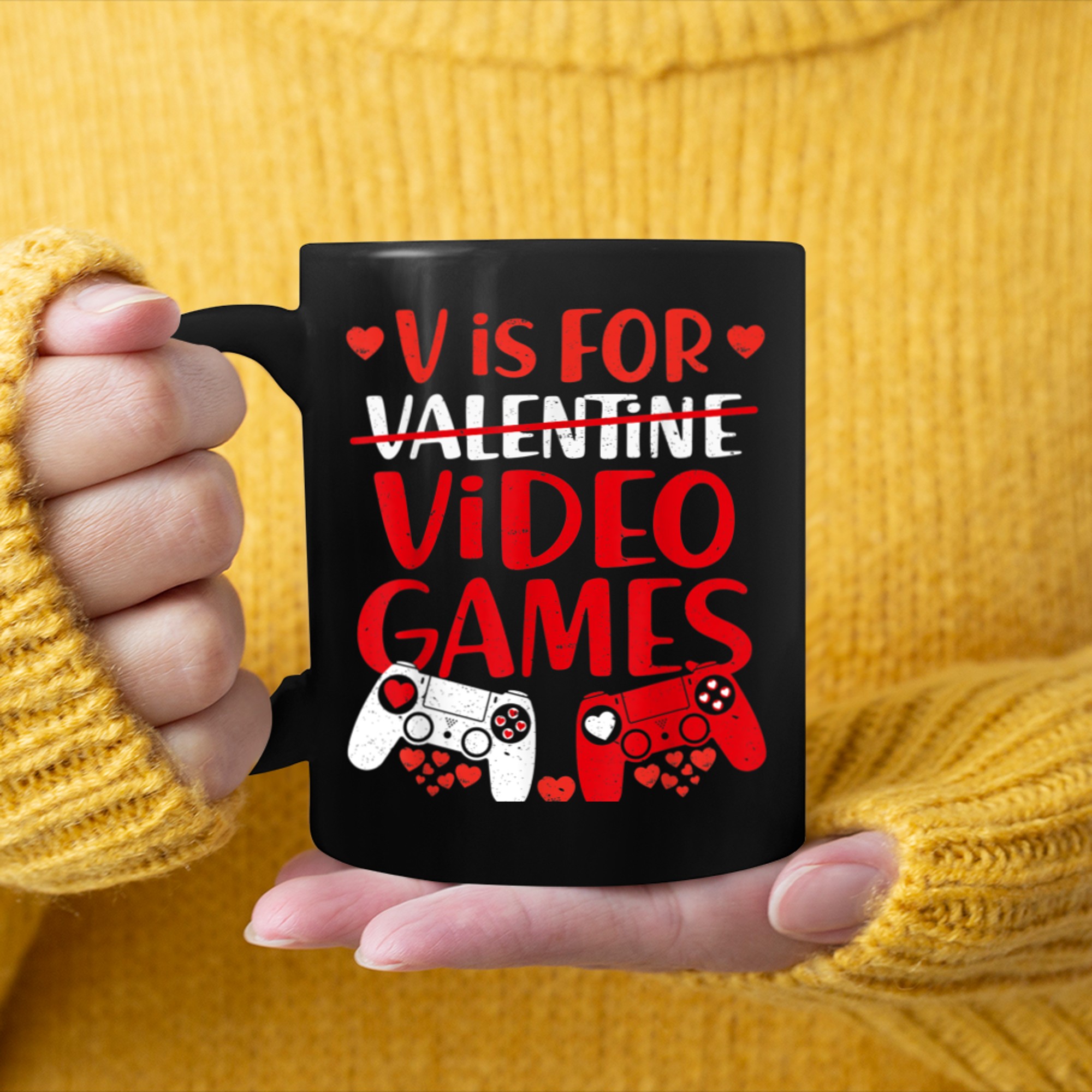 V Is For Video Games Funny Gamer Kids Boys Valentines Day (2) mug black