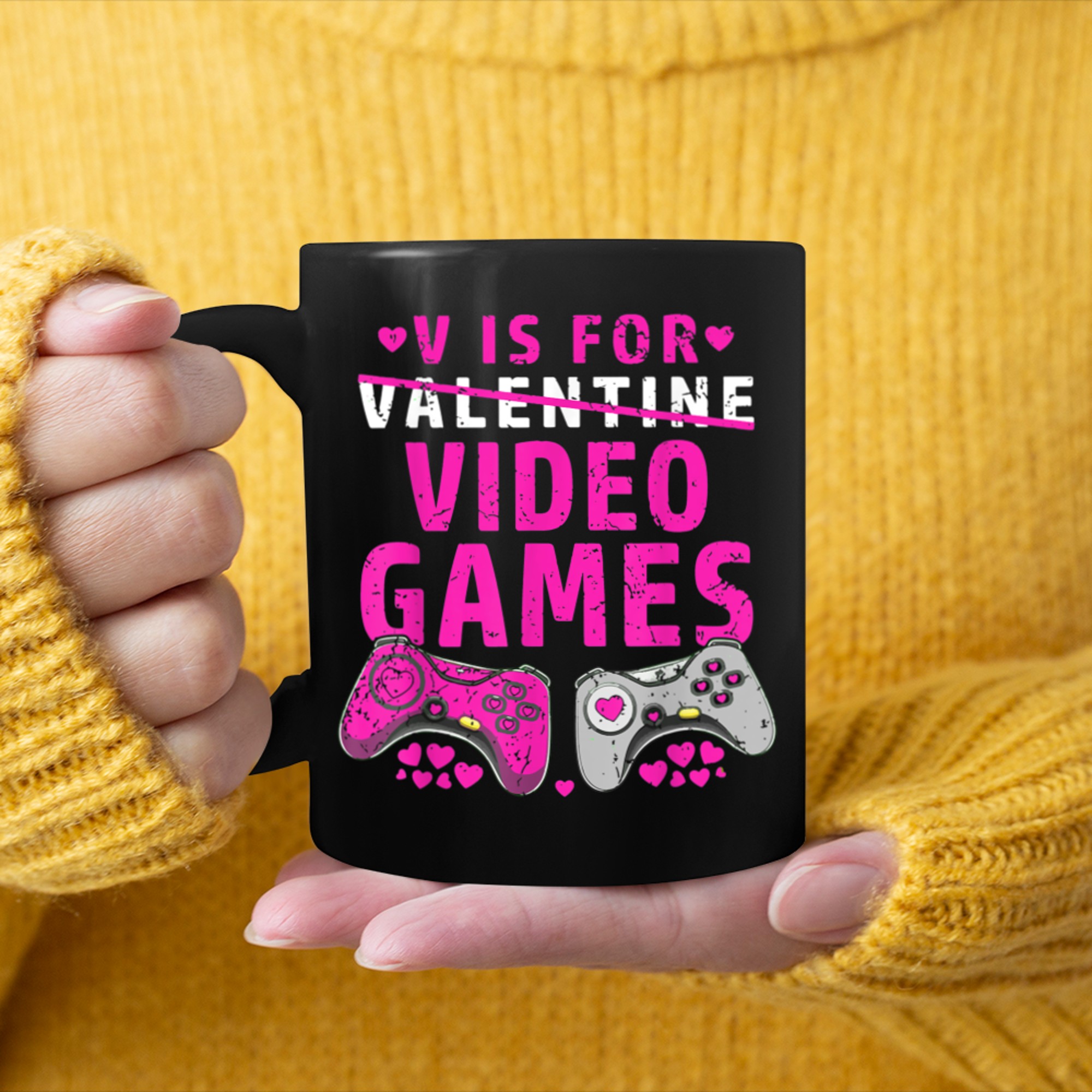 V Is For Video Games Funny Gamer Kids Boys Valentines Day (20) mug black