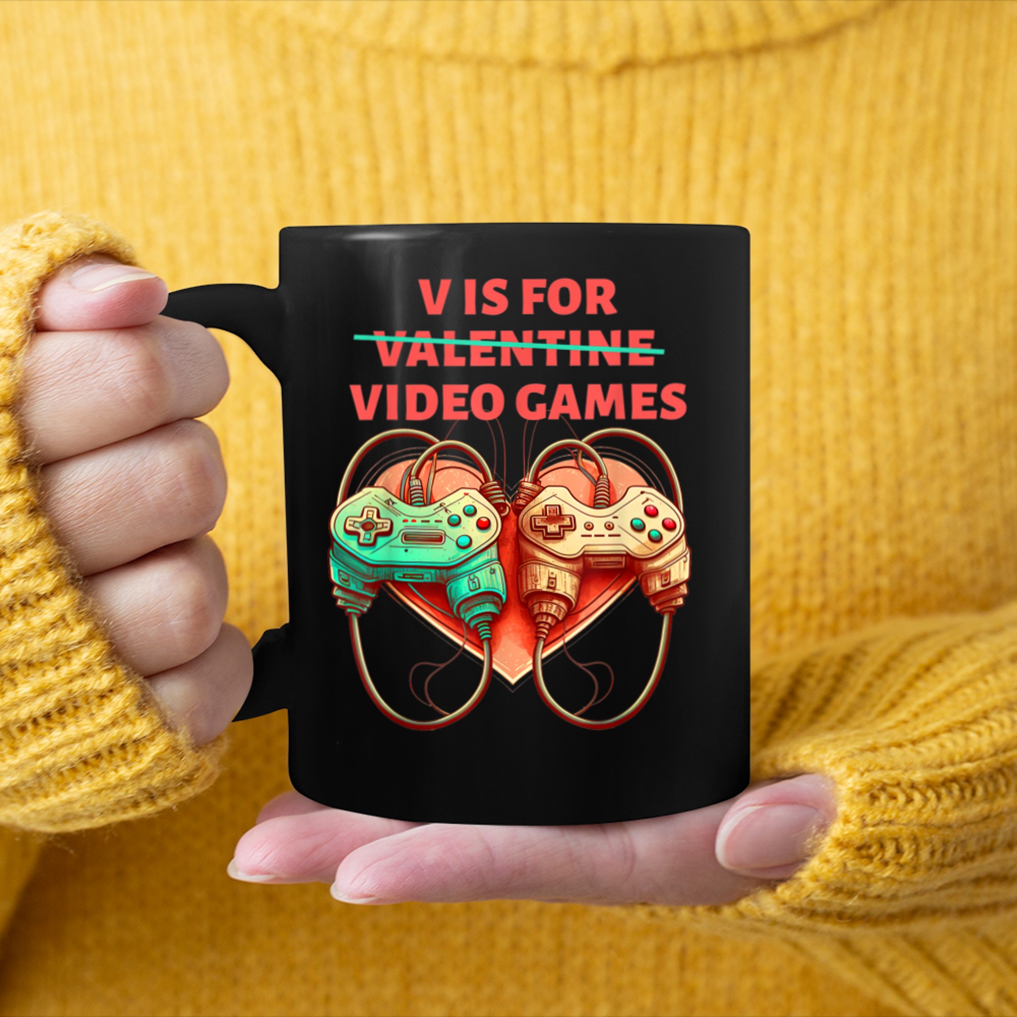 V Is For Video Games Funny Gamer Kids Boys Valentines Day (21) mug black