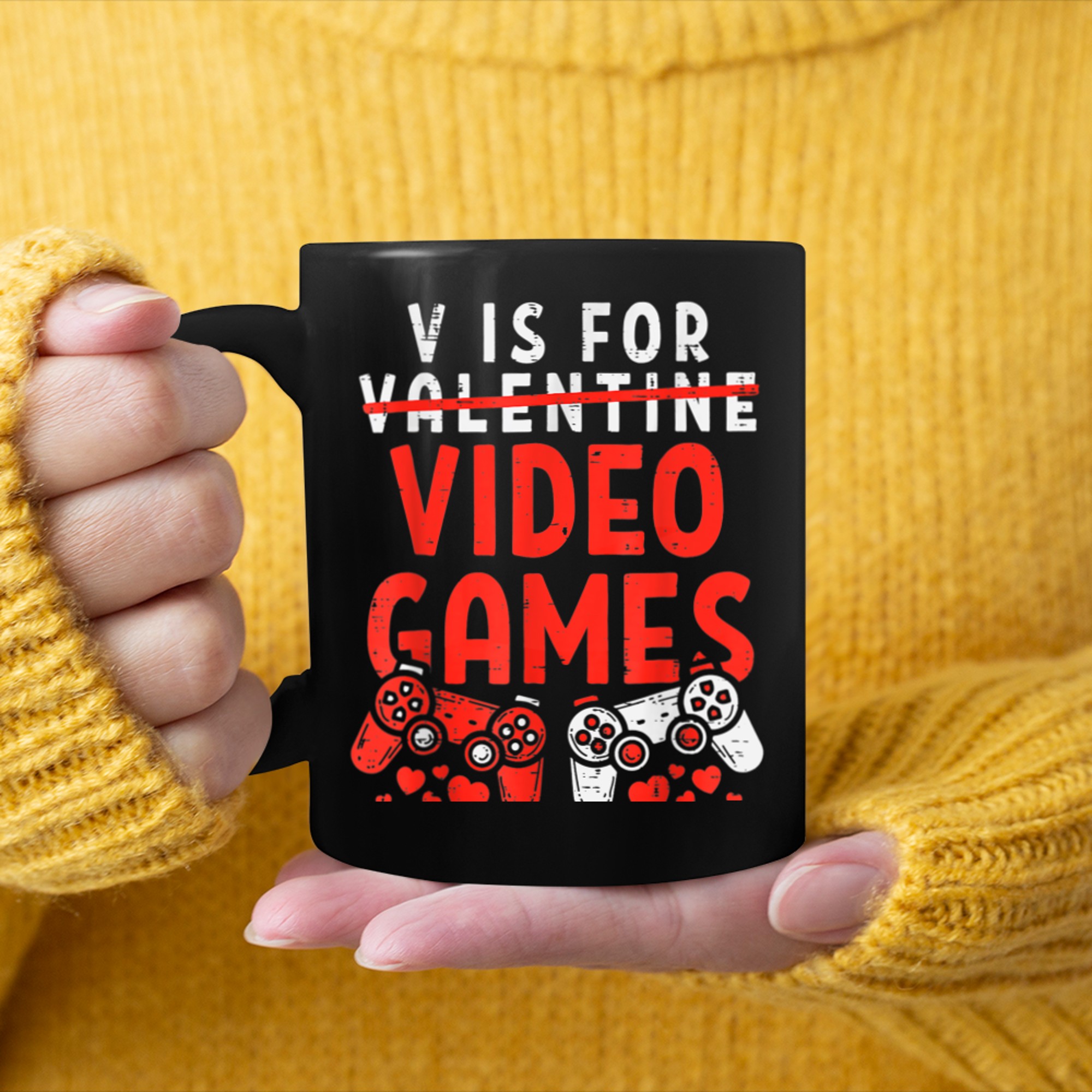 V Is For Video Games Funny Gamer Kids Boys Valentines Day (30) mug black