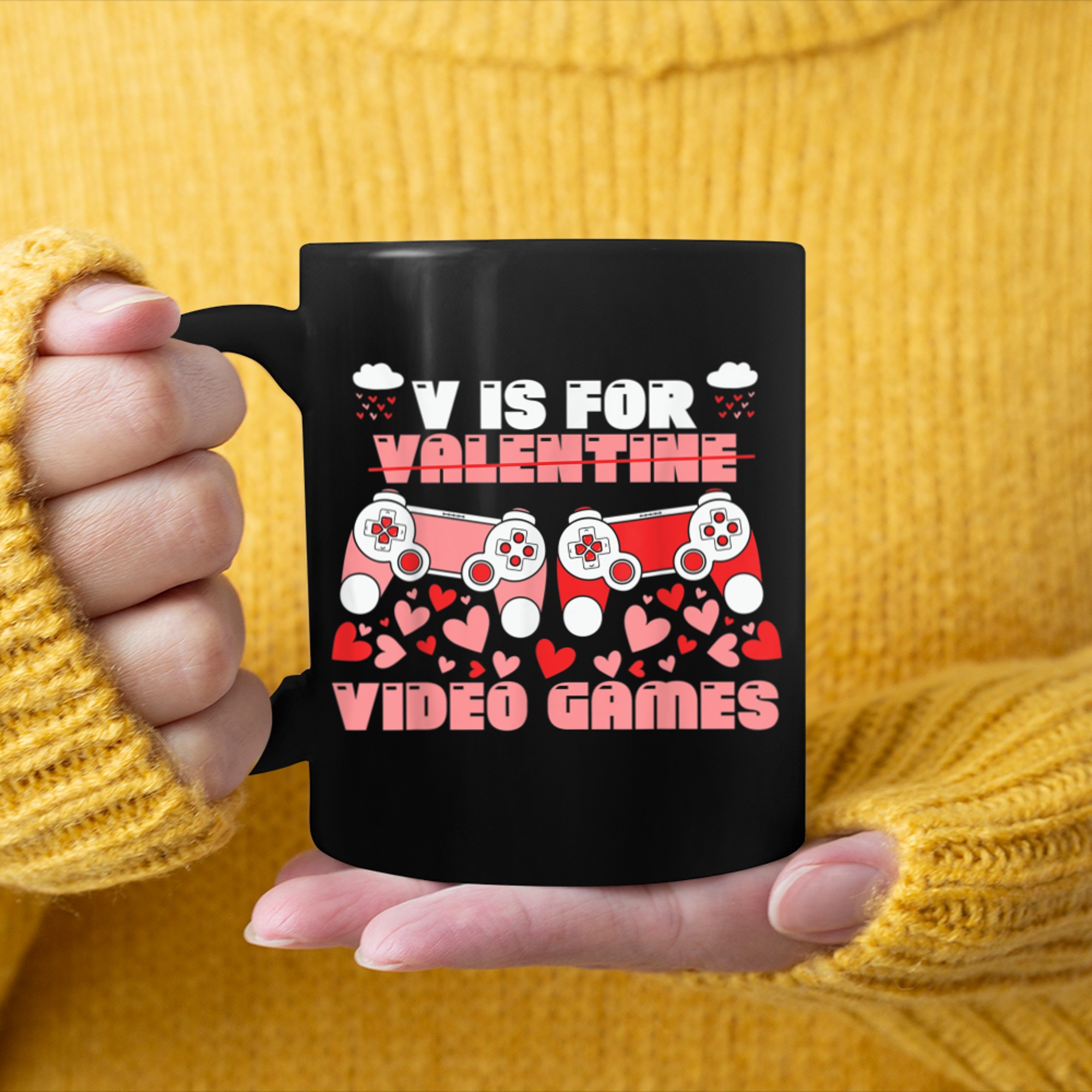 V Is For Video Games Funny Gamer Kids Boys Valentines Day (43) mug black