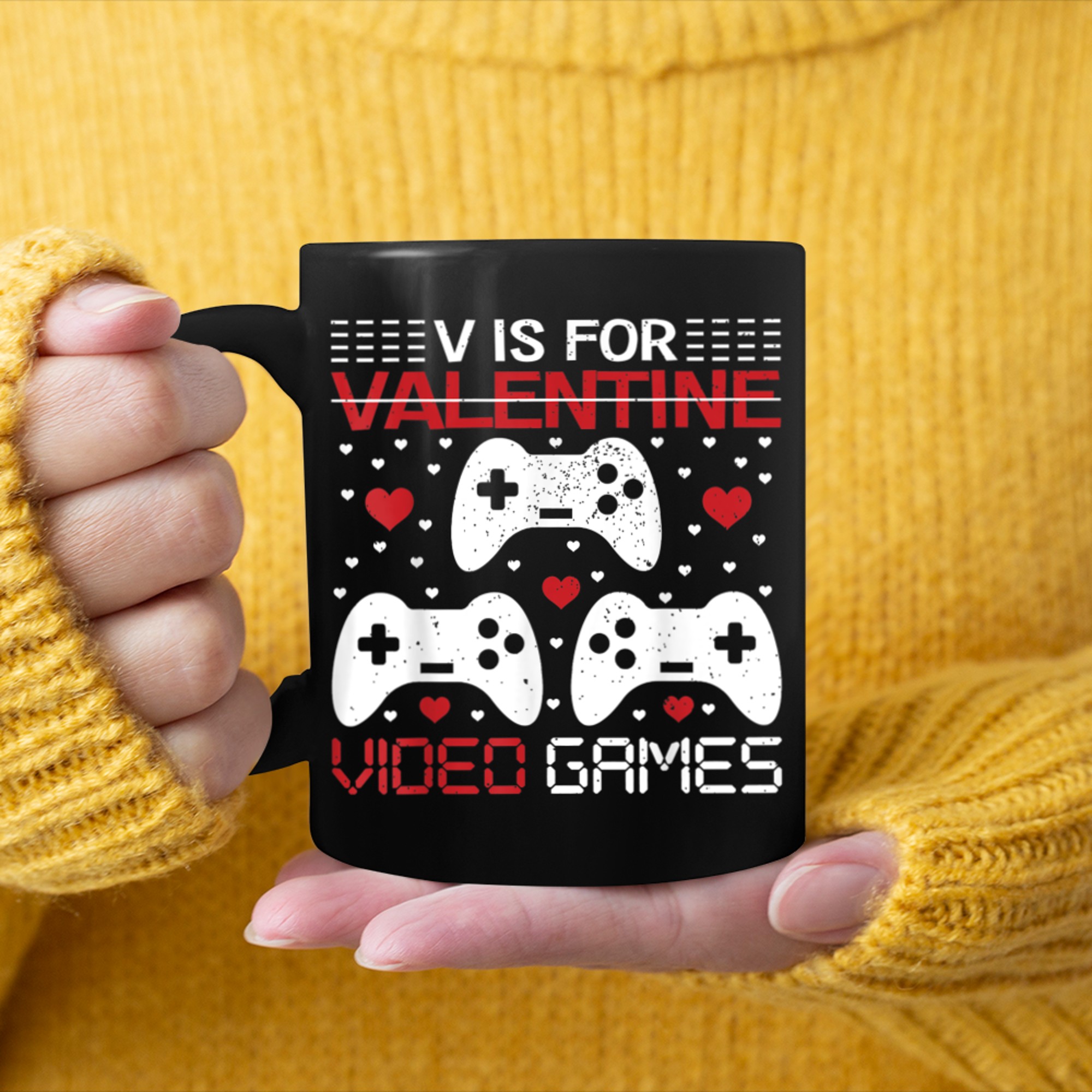 V Is For Video Games Funny Gamer Kids Boys Valentines Day (44) mug black