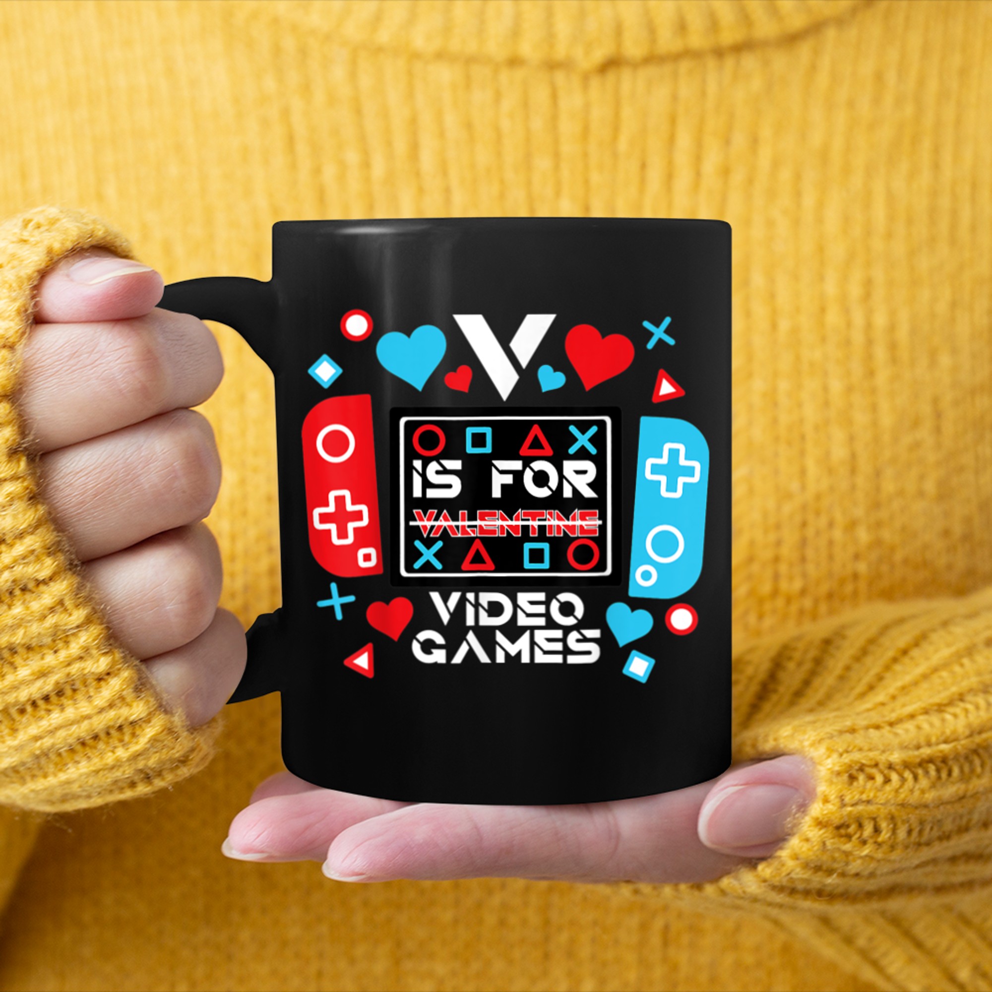 V Is For Video Games Funny Gamer Kids Boys Valentines Day mug black