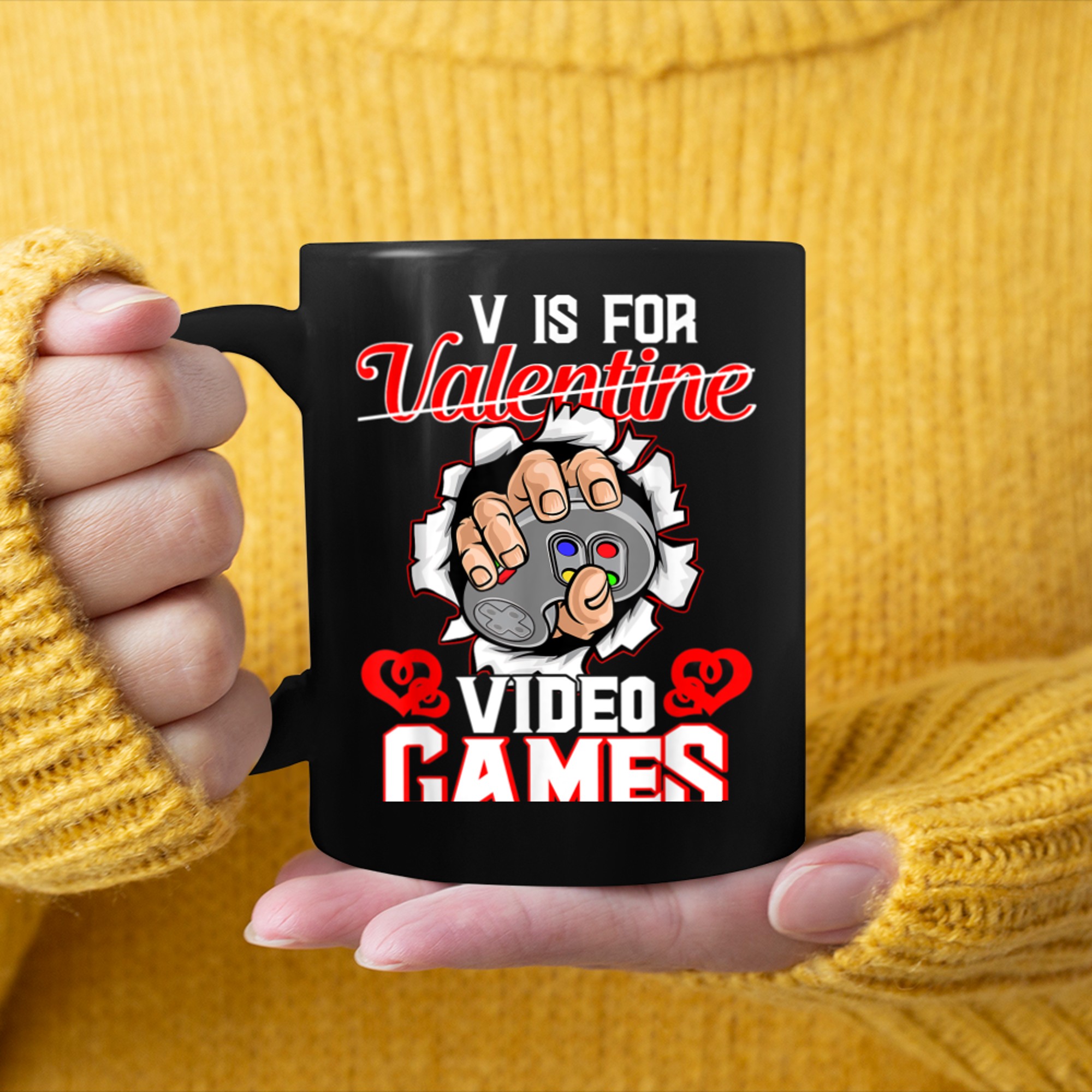 V Is For Video Games Funny Gamer Valentines Day Boys Kids (2) mug black