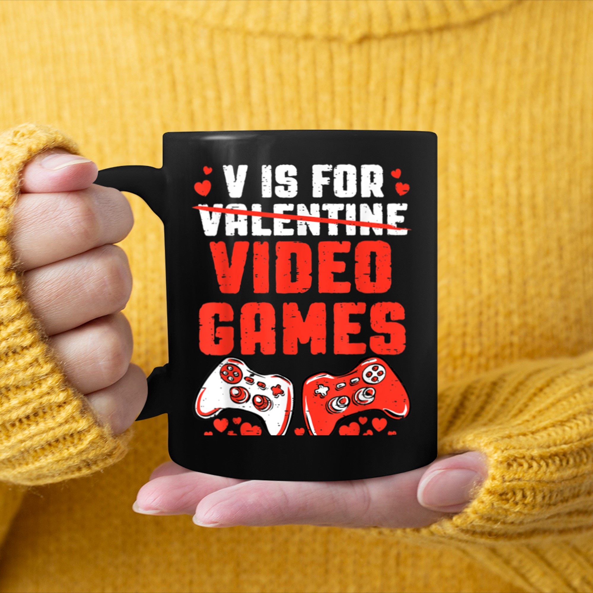 V Is For Video Games Funny Gamer Valentines Day Kids Boys mug black