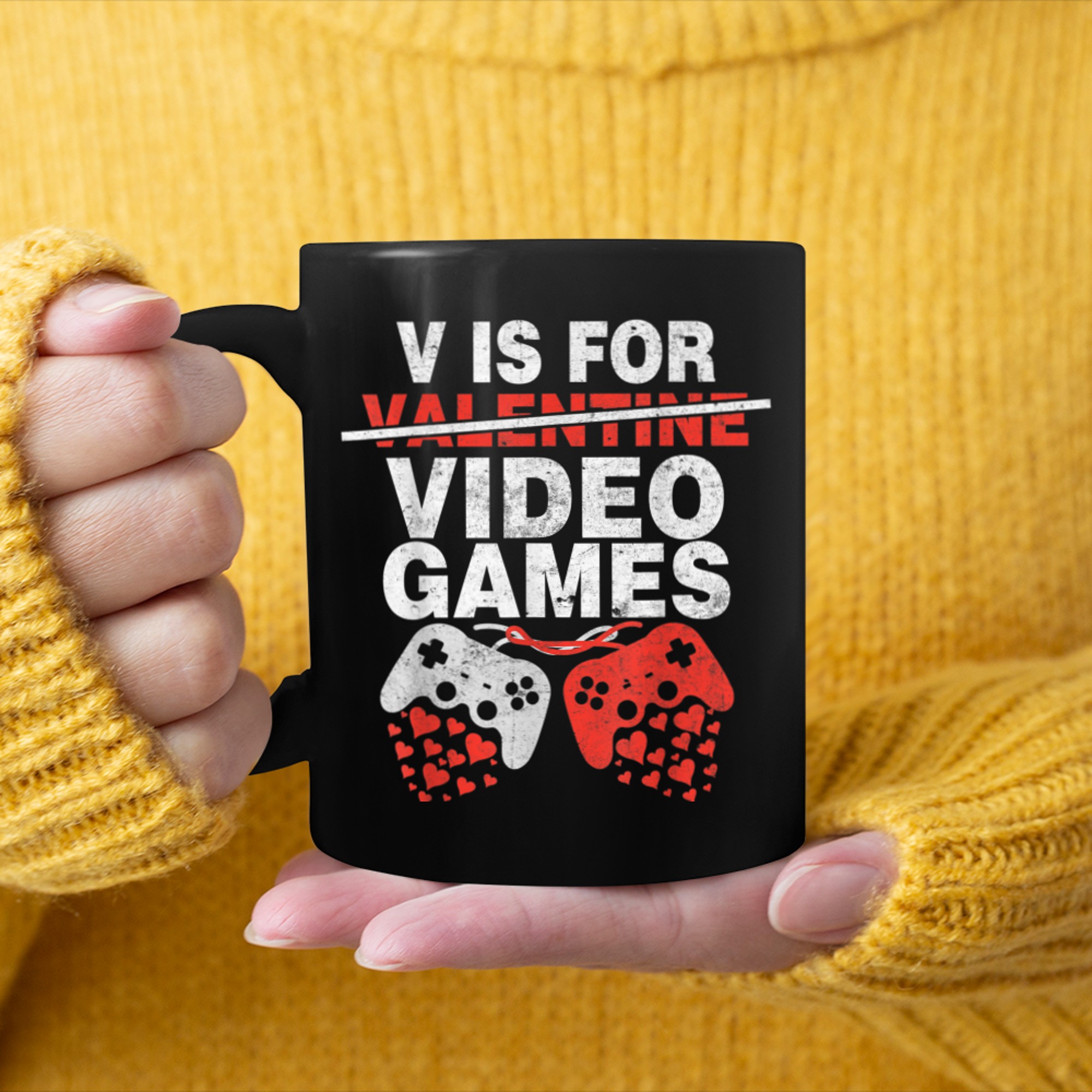 V Is For Video Games Funny Retro Valentine Day Gamer Boy Men mug black