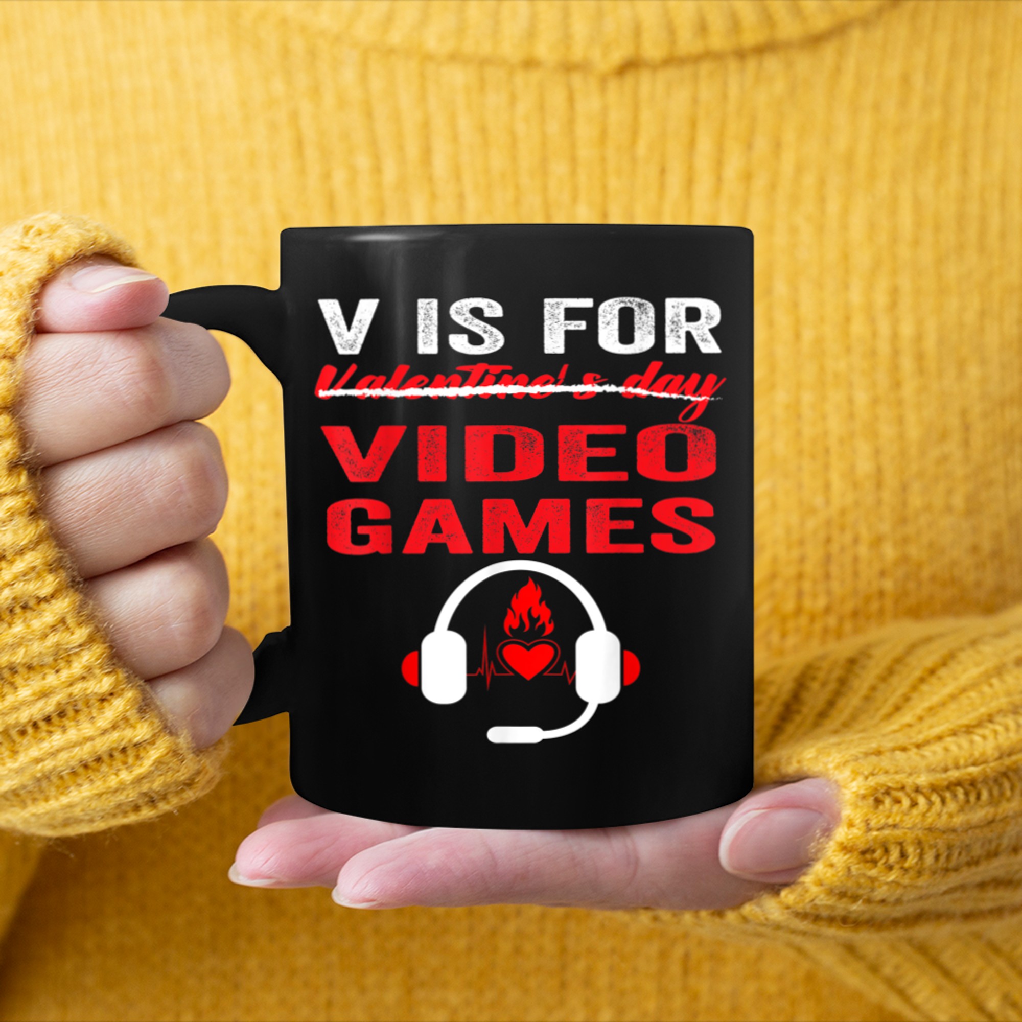 V is for video games funny saint valentines gamers girls boy mug black