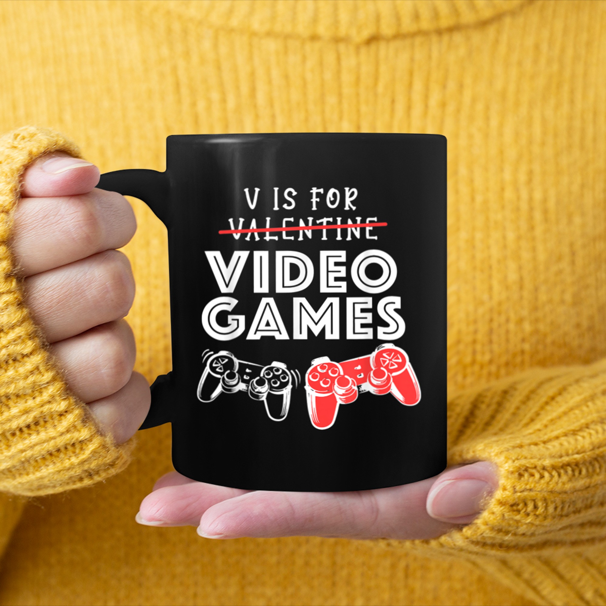 V Is For Video Games Funny Valentine Gamer Game Lovers mug black