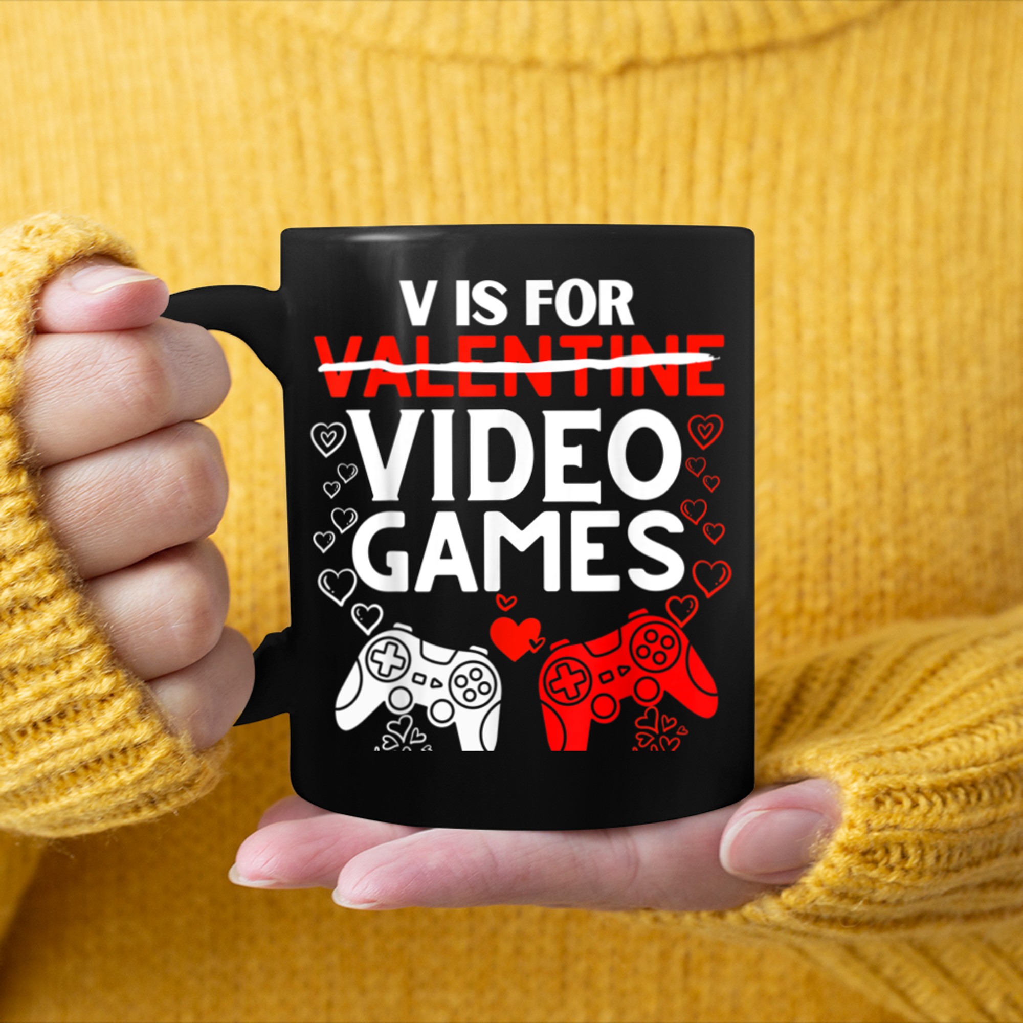 V Is For Video Games Funny Valentines Day Boy Men Girl Gamer mug black