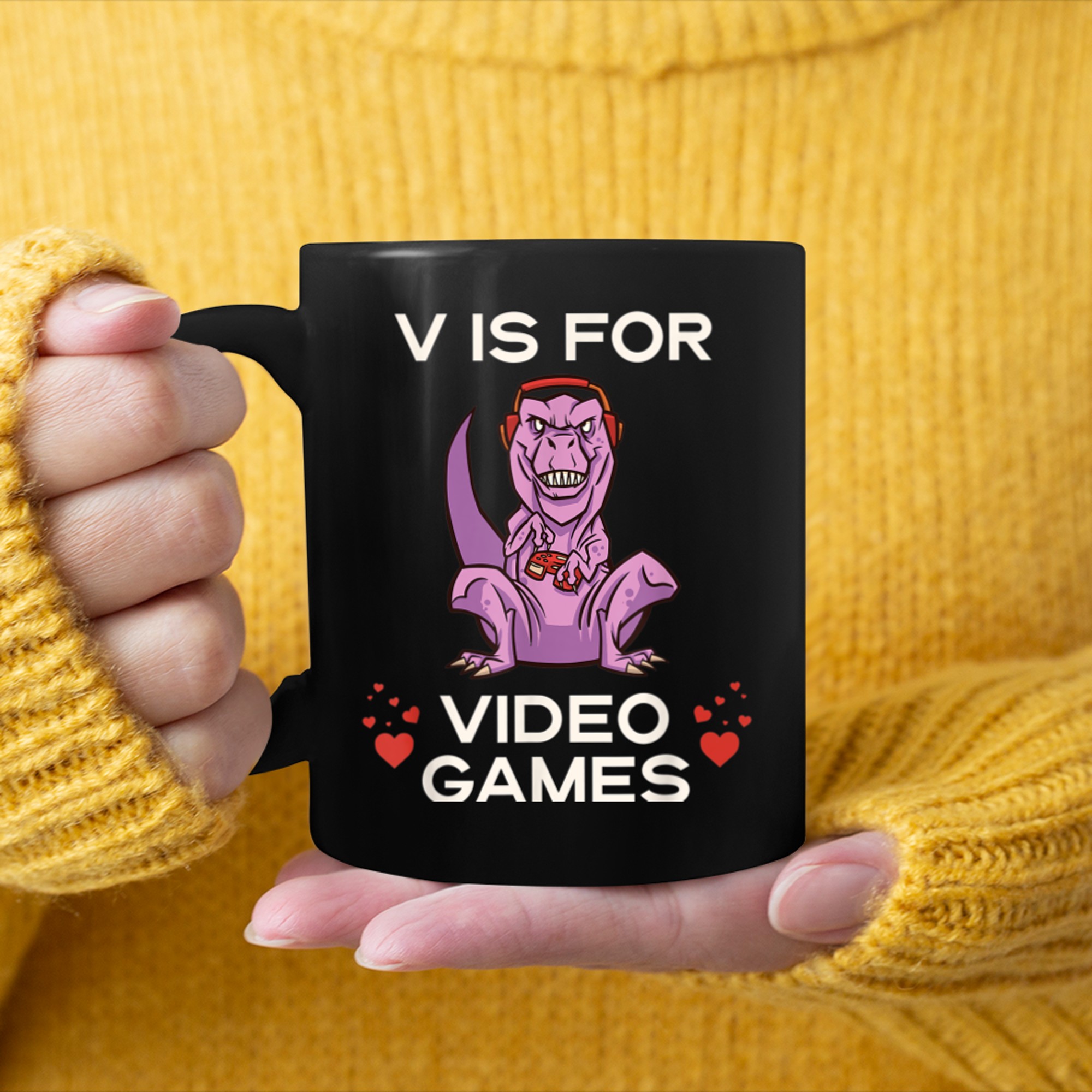 V is for Video Games Funny Valentine's Day Dino for Gamers mug black