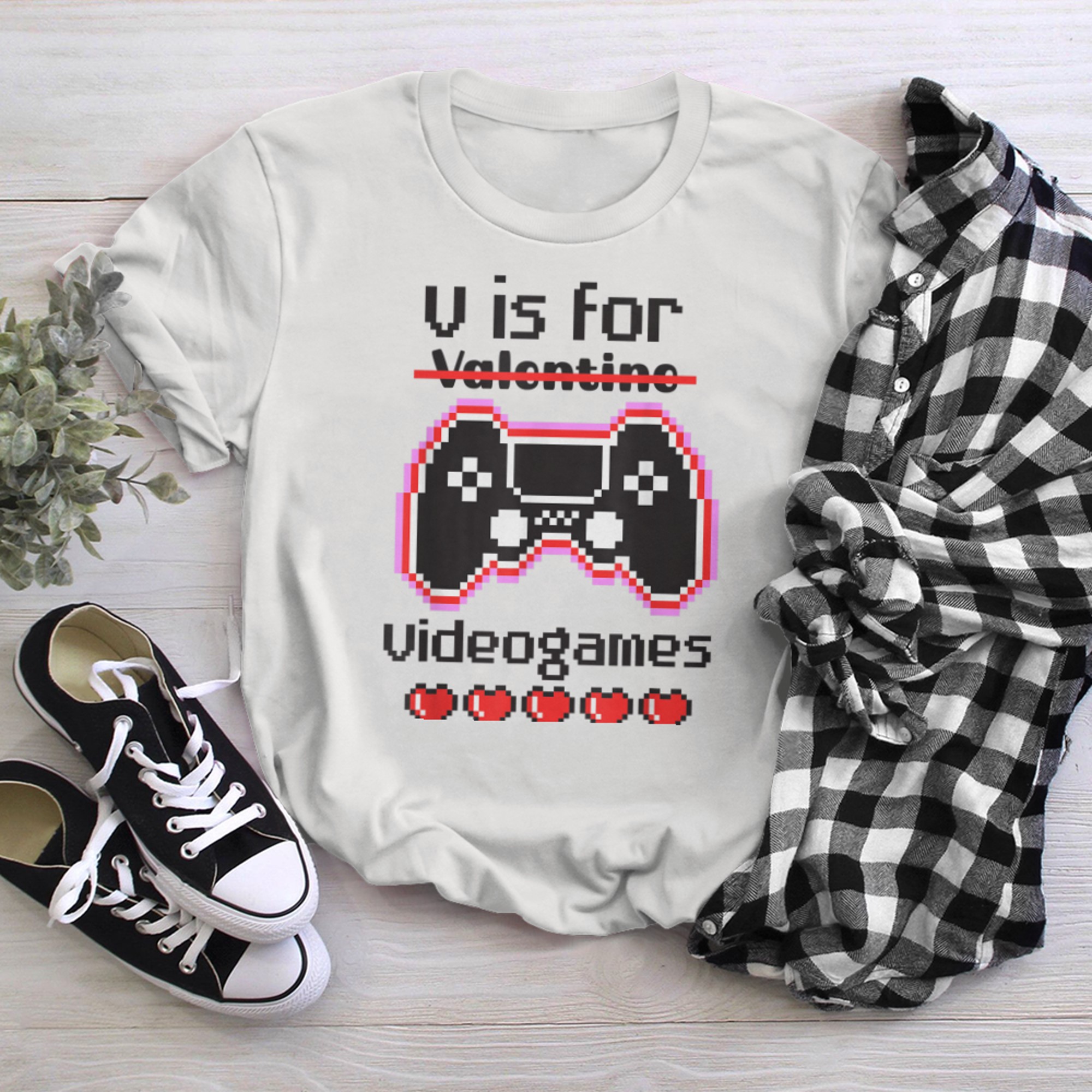 V Is For Video Games Funny Valentine's Day Gamer (1) t-shirt white