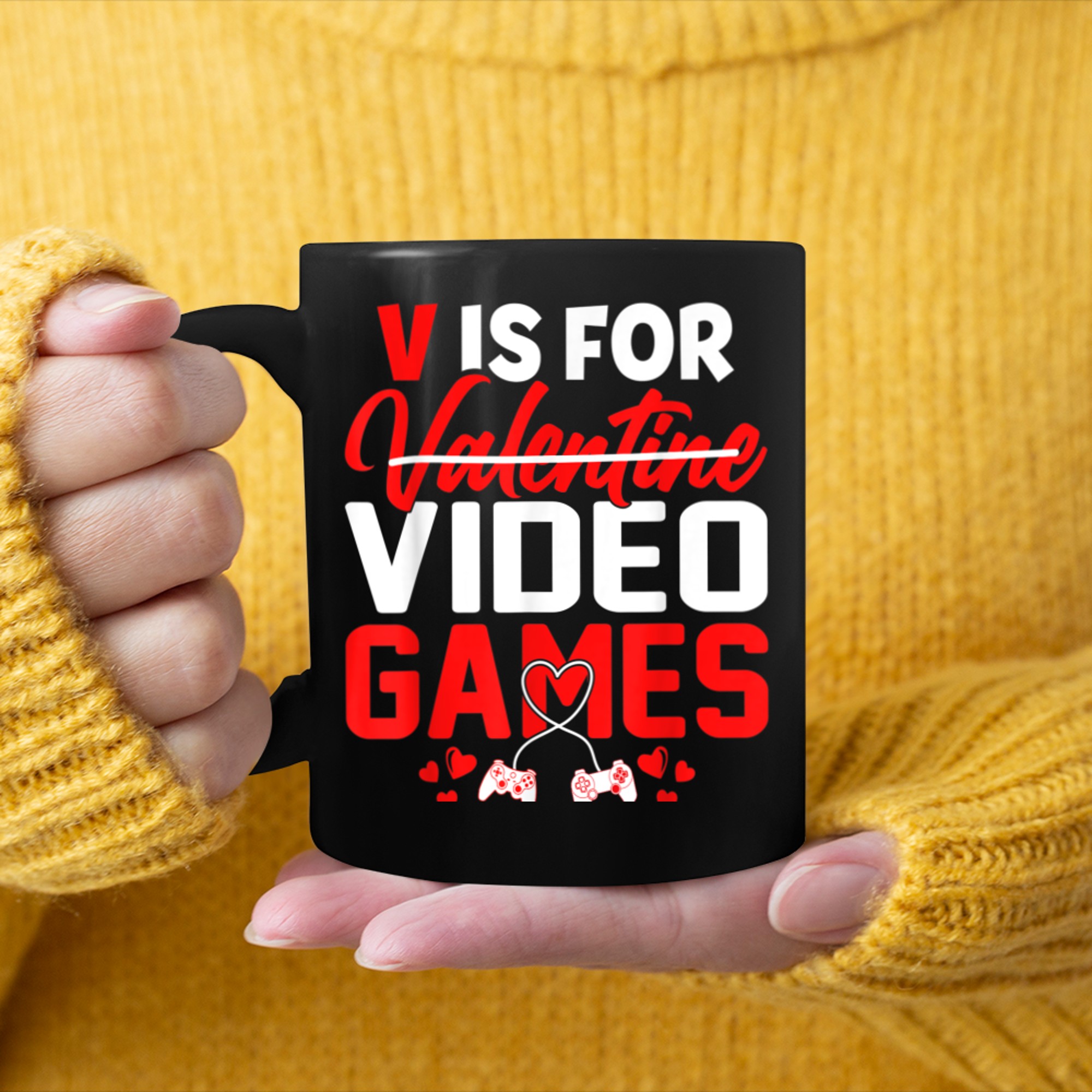 V Is For Video Games Funny Valentines Day Gamer (4) mug black