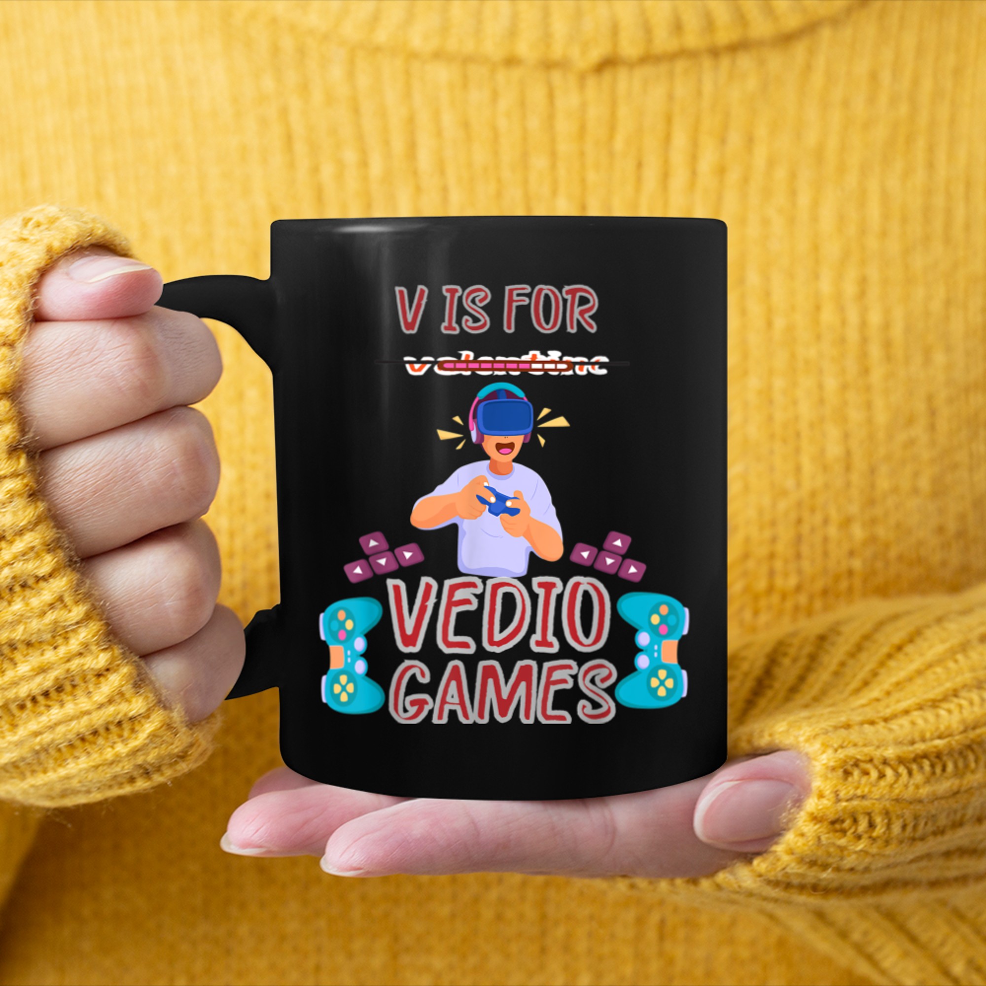 V Is For Video Games Funny Valentines Day Gamer (9) mug black