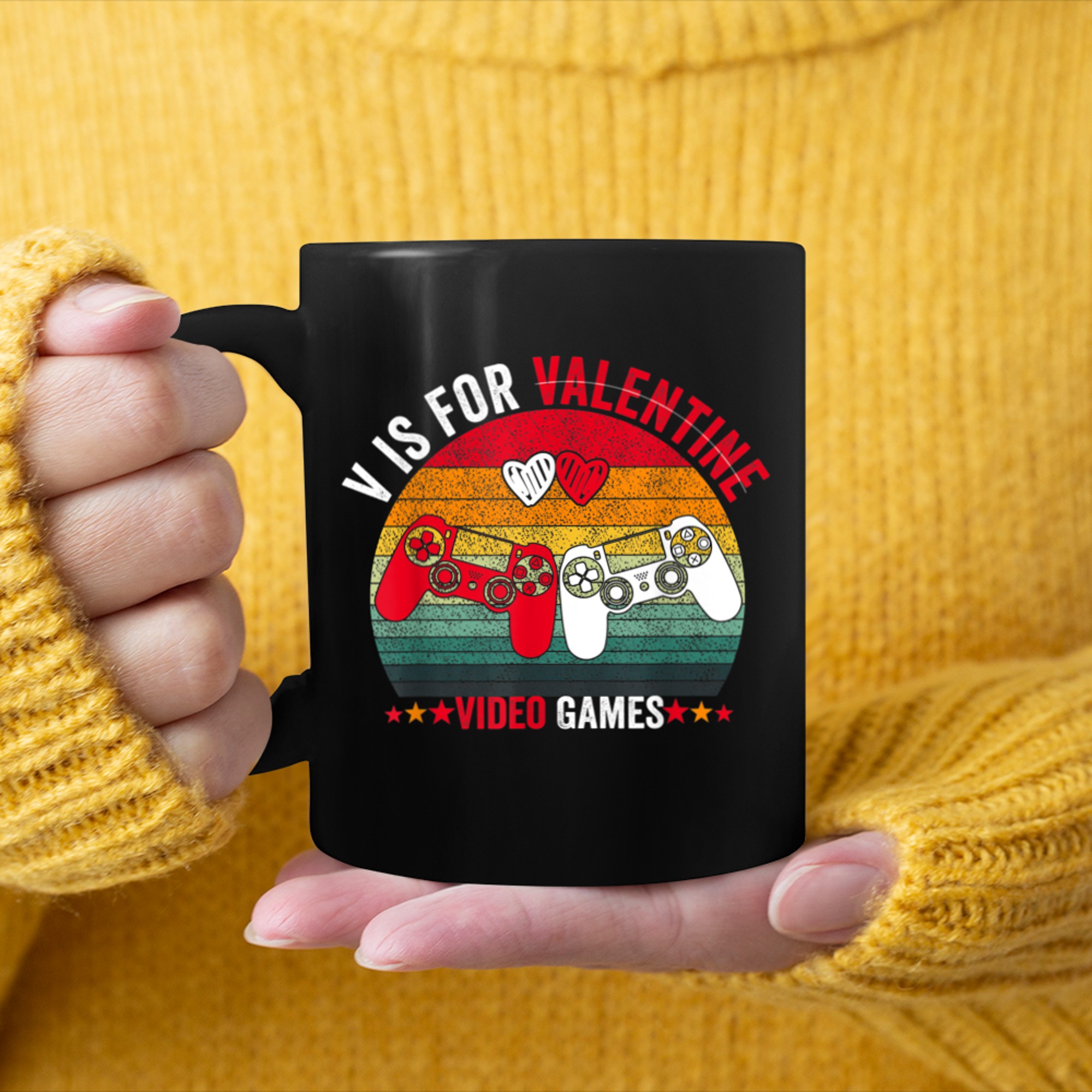 V Is For Video Games Funny Valentines Day Gamer Adults mug black