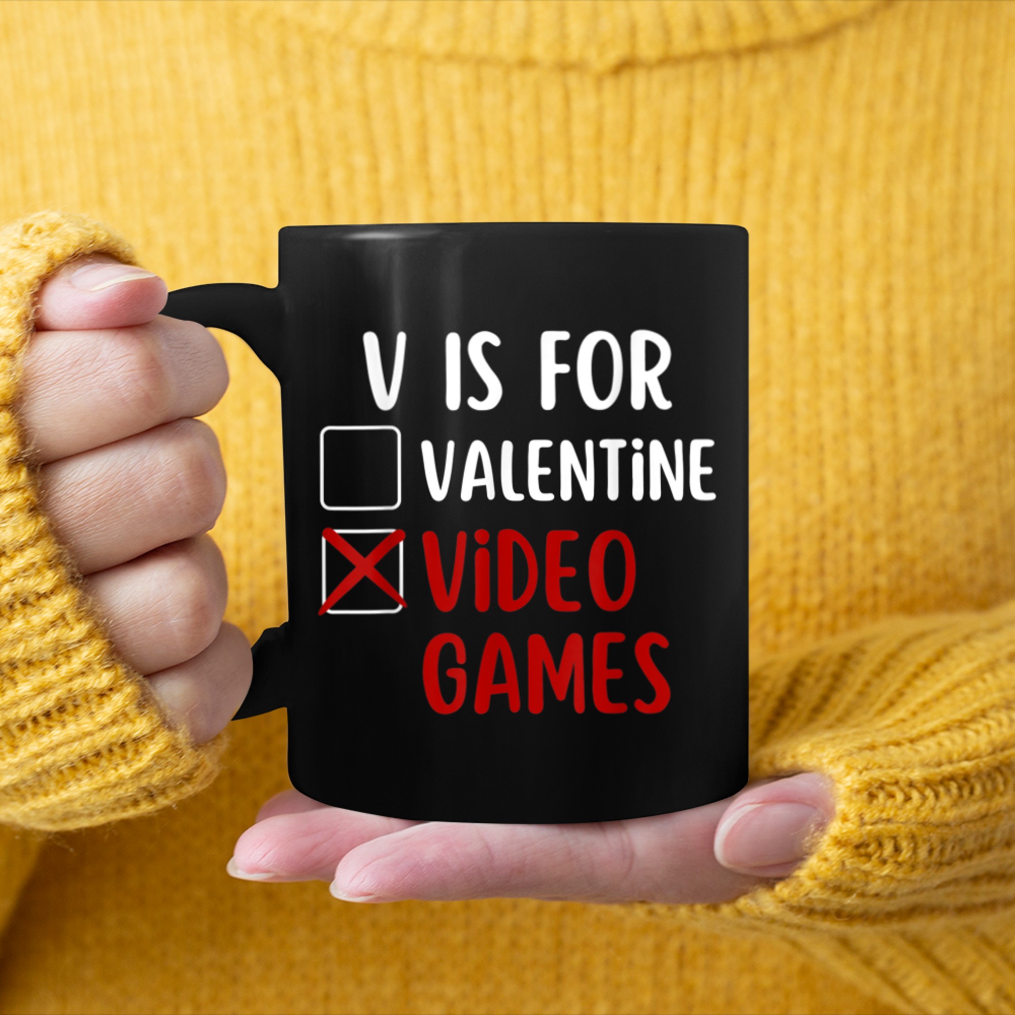 V Is For Video Games Funny Valentines Day Gamer Boy Girl Men mug black