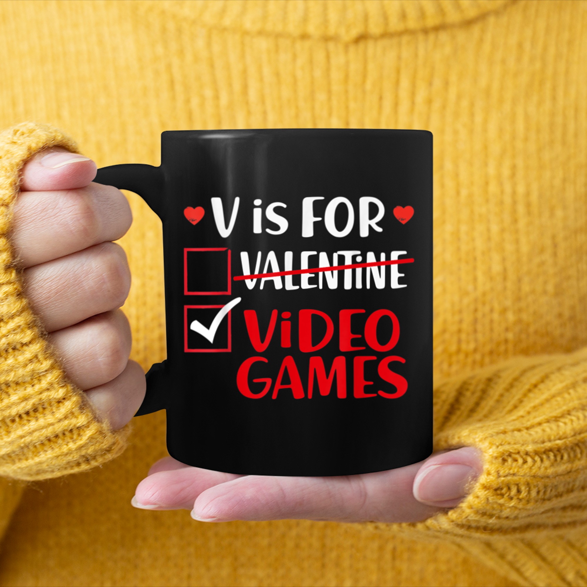 V Is For Video Games Funny Valentines Day Gamer Boy Girls (11) mug black