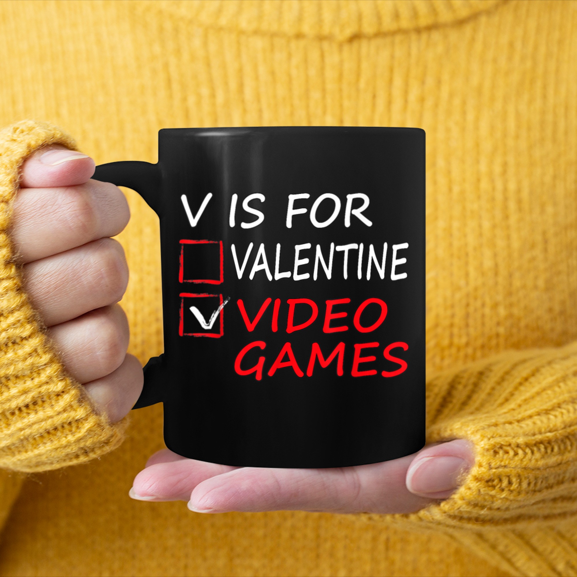 V Is For Video Games Funny Valentines Day Gamer Boy Girls mug black