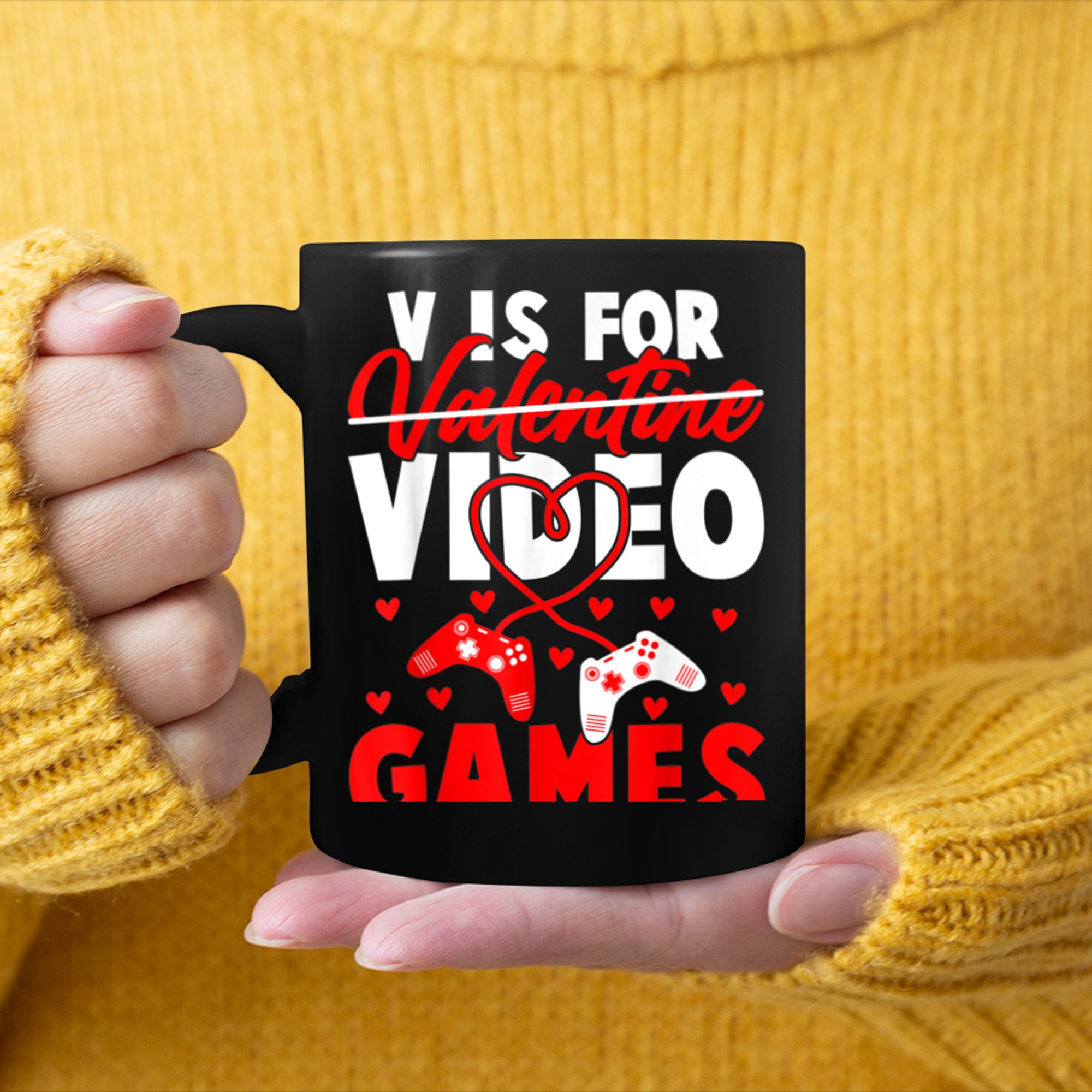 V is for Video Games funny valentines day gamer boy man mug black