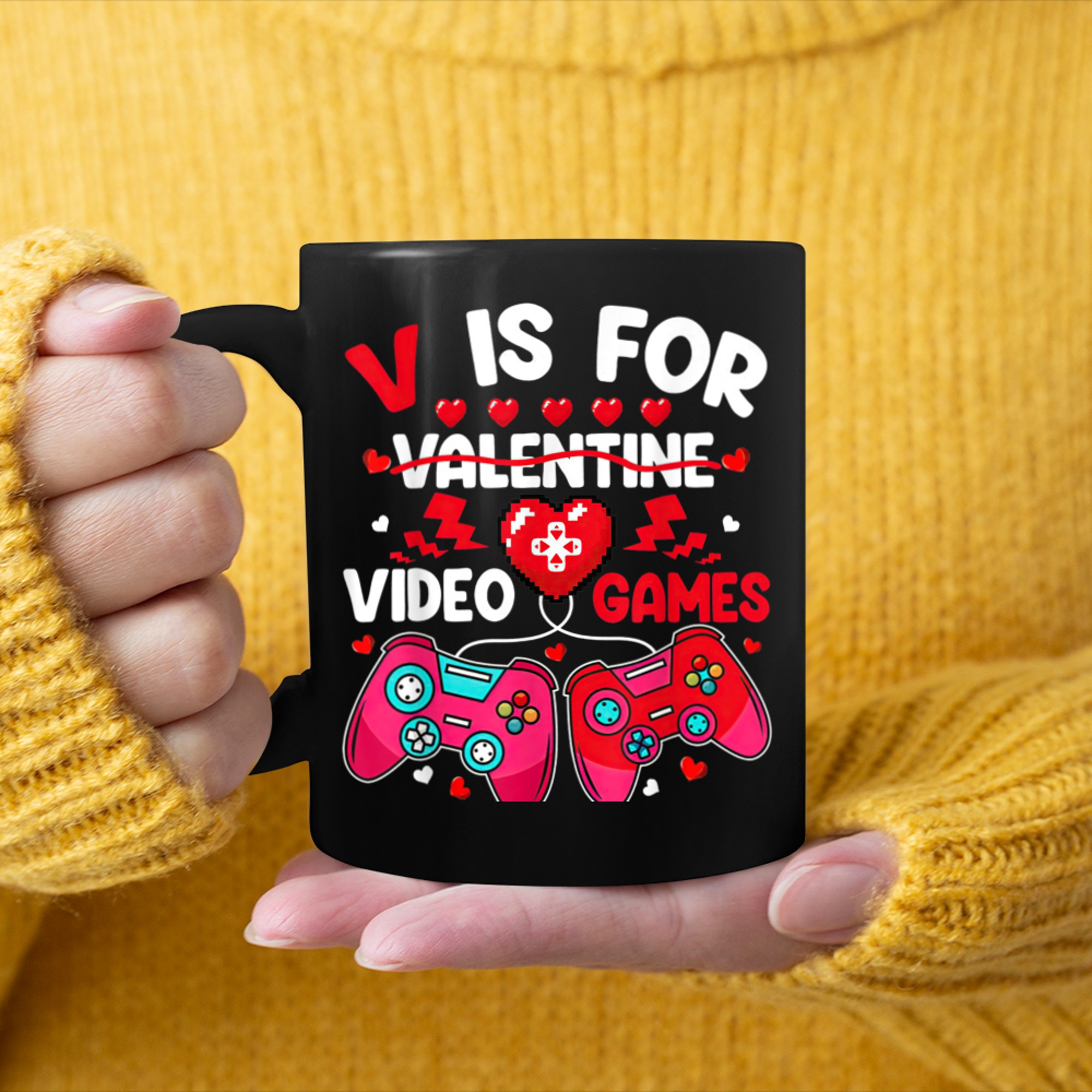 V Is For Video Games Funny Valentines Day Gamer Boy Men (29) mug black