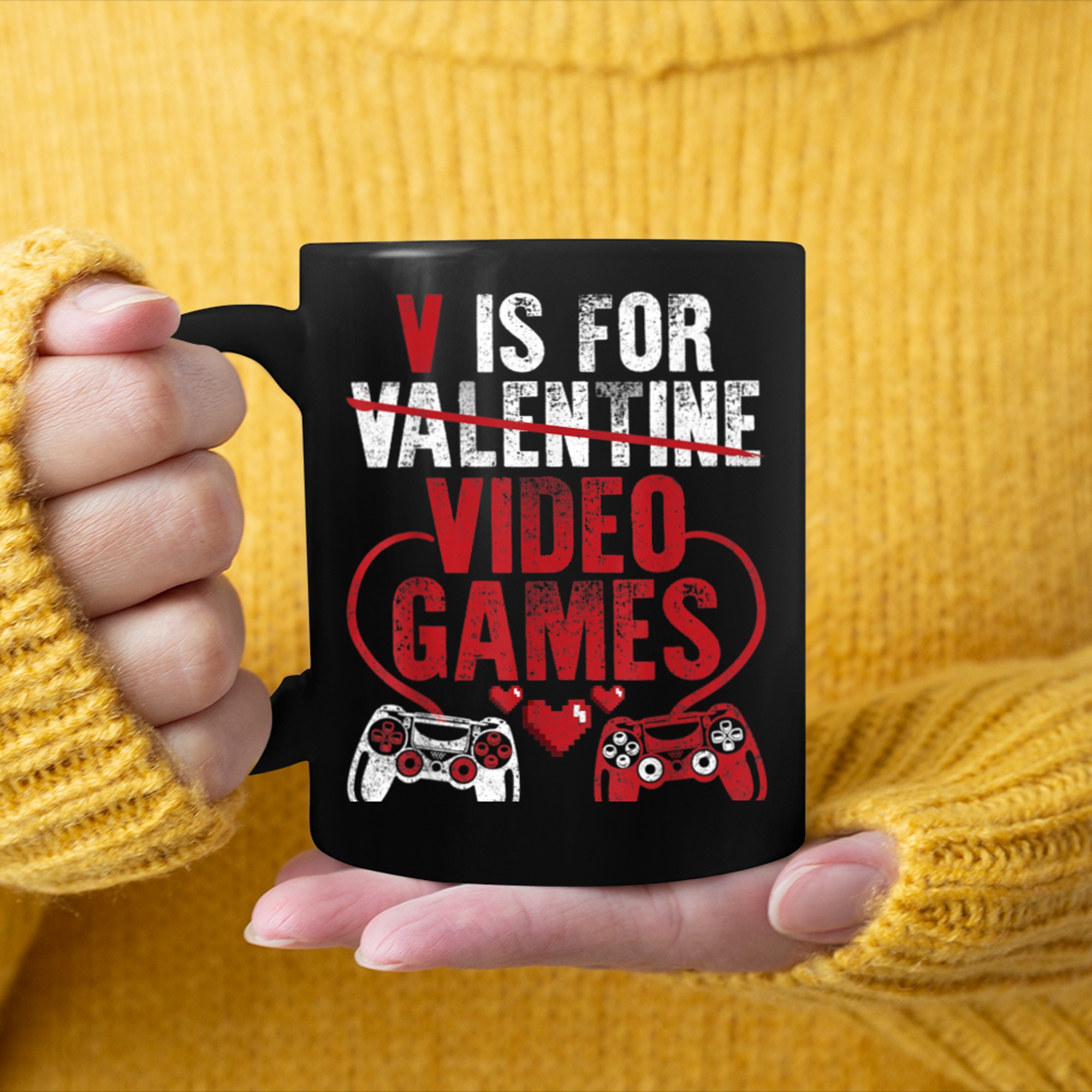 V Is For Video Games Funny Valentines Day Gamer Boy Men (39) mug black