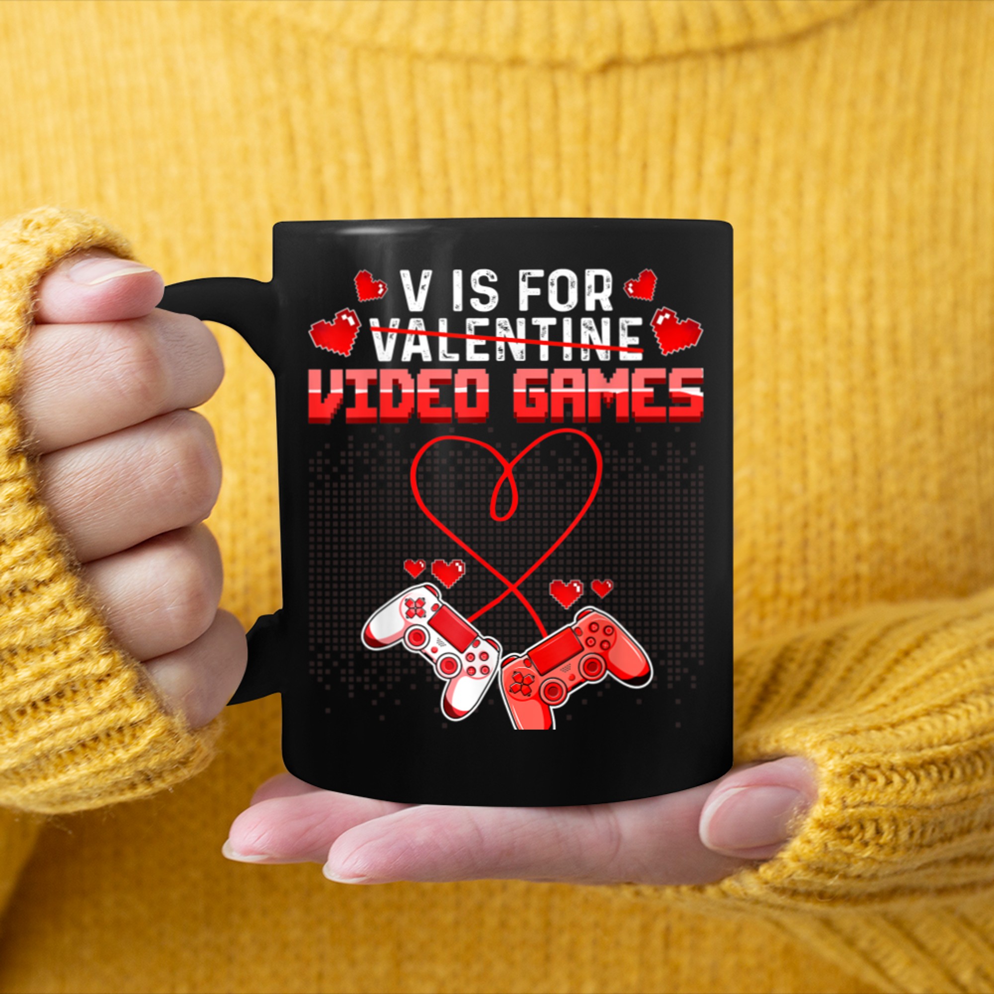 V Is For Video Games Funny Valentines Day Gamer Boy Men (40) mug black