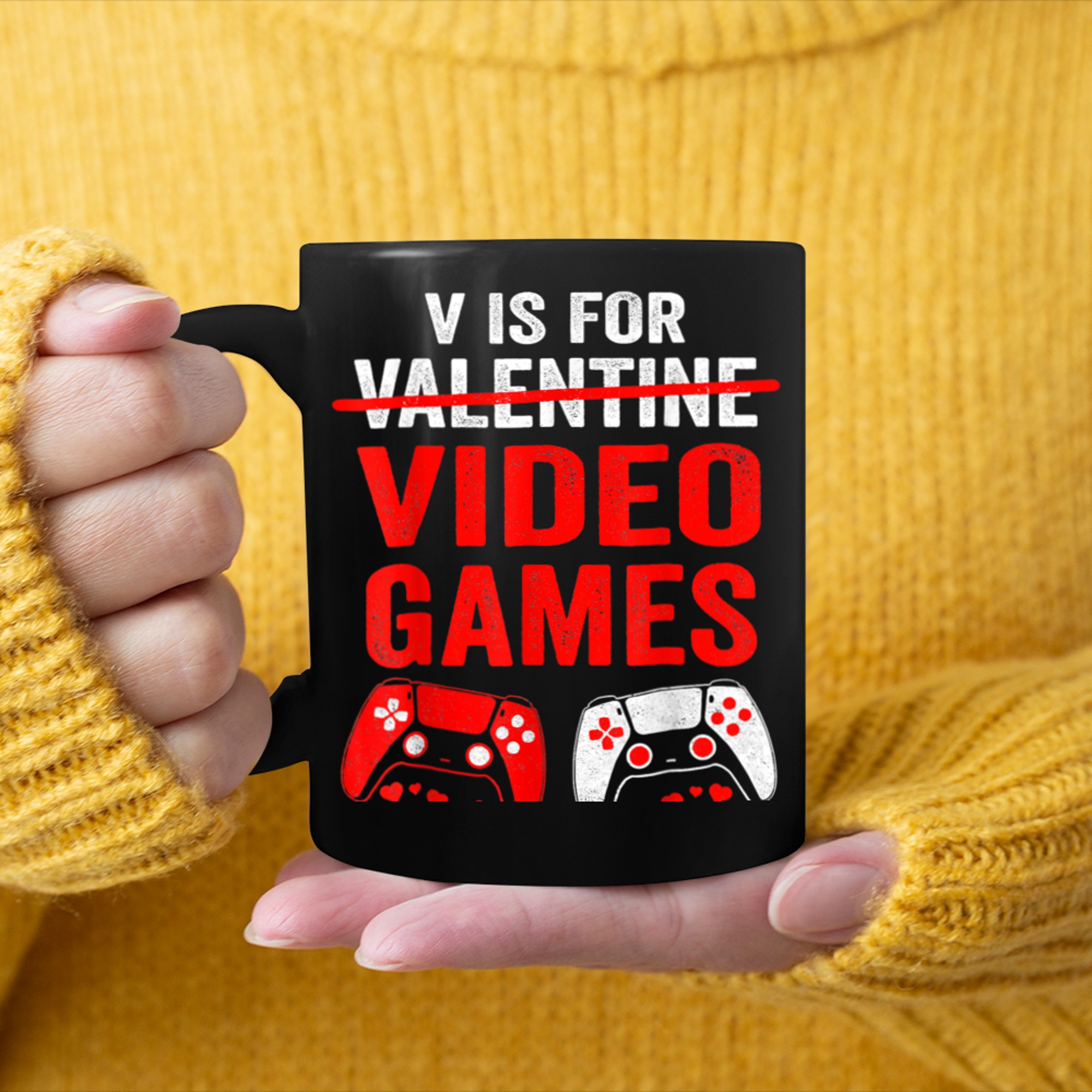 V Is For Video Games Funny Valentines Day Gamer Boy Men (52) mug black