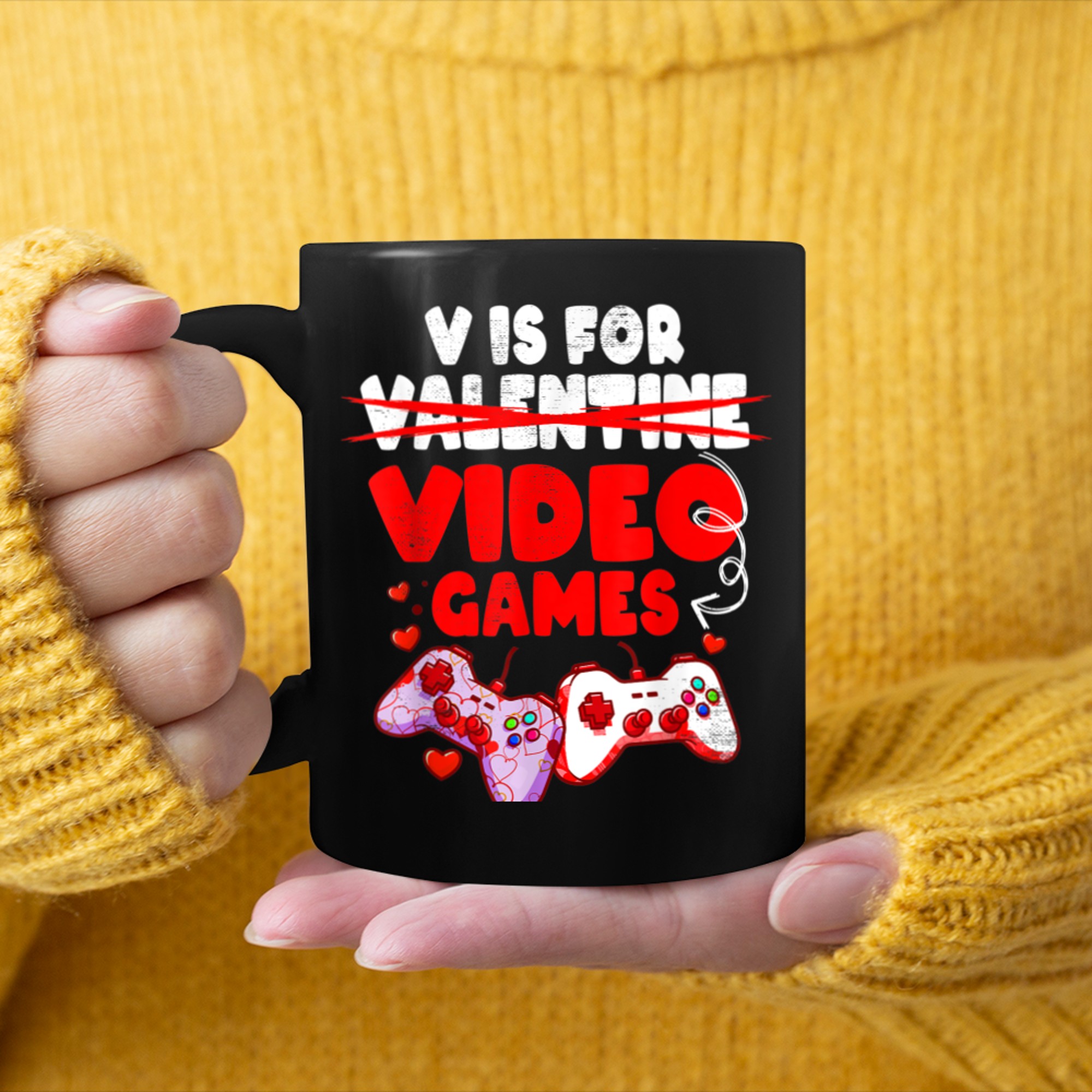 V Is For Video Games Funny Valentines Day Gamer Boy Men (85) mug black