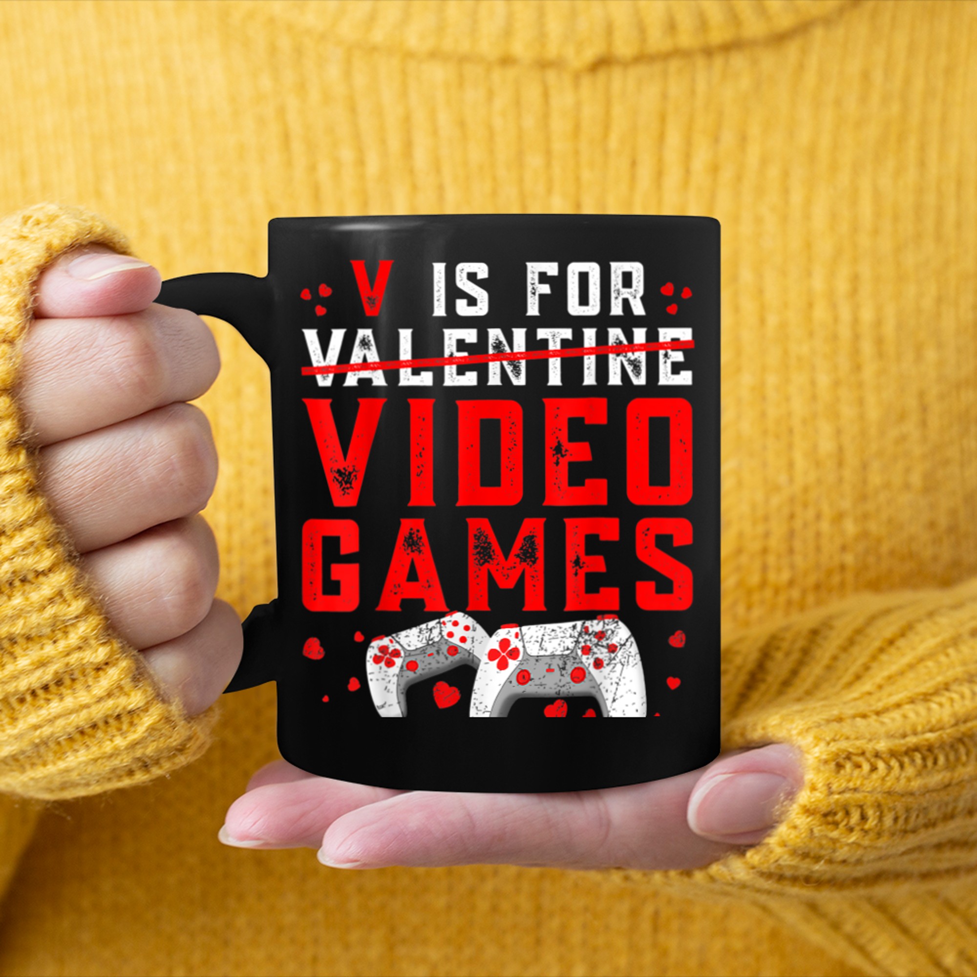 V is for Video Games Funny Valentines Day Gamer Boy Men Girl (2) mug black