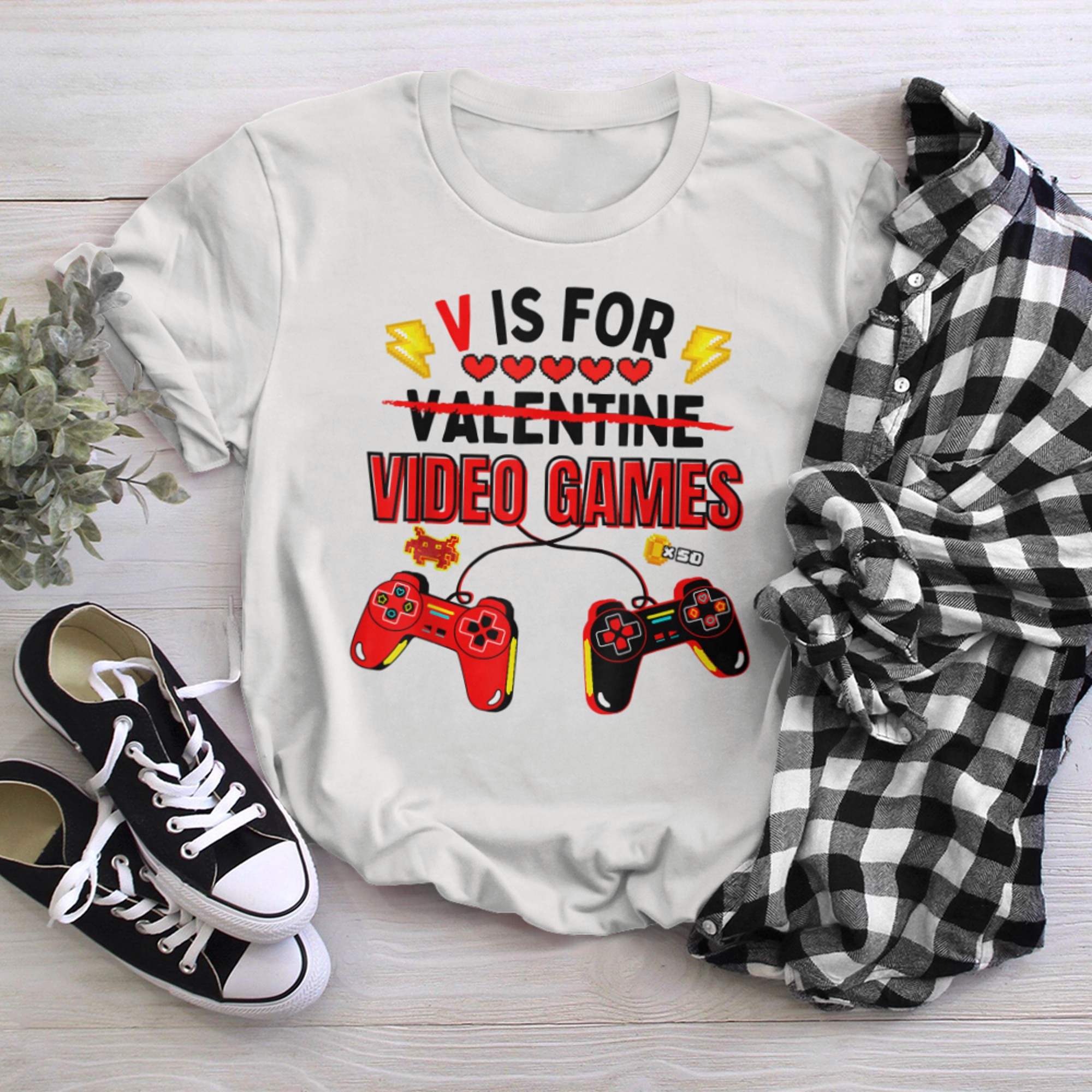 V Is For Video Games, Funny Valentines Day Gamer Boy Men t-shirt white