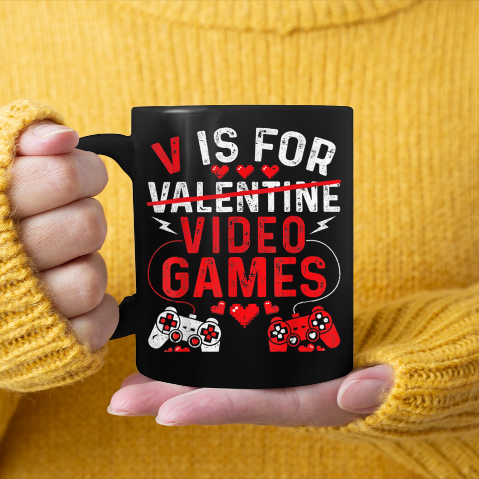 V Is For Video Games Funny Valentines Day Gamer Boys Girls (1) mug black