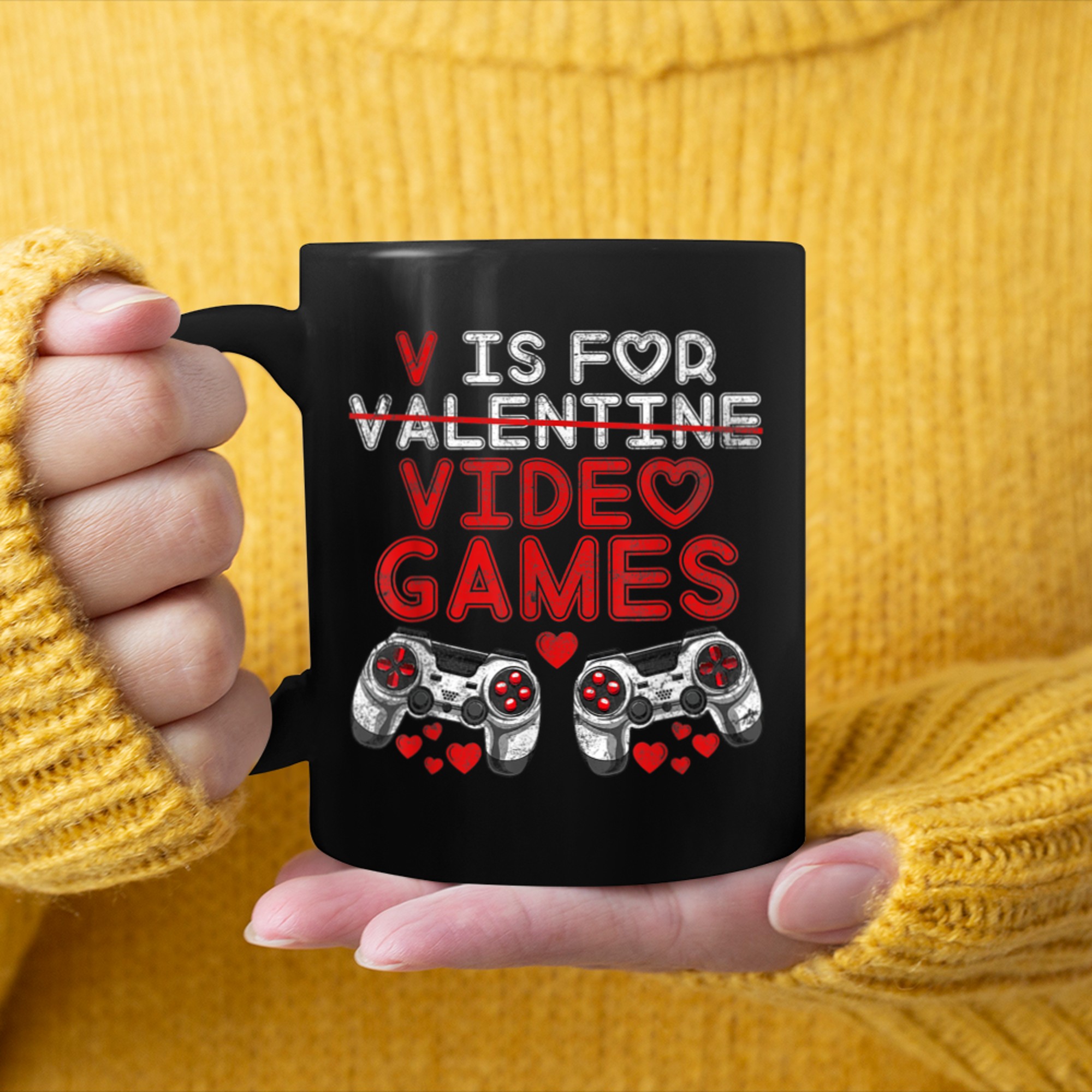 V Is For Video Games Funny Valentines Day Gamer Boys Kids mug black